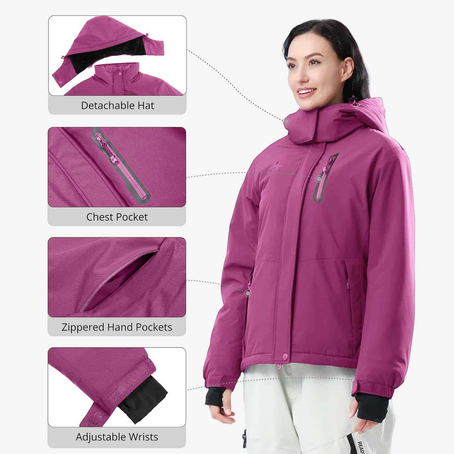 CAMEL CROWN Women's Ski Jacket Waterproof Warm Winter Snow Coat Hooded Mountain Outdoor Windbreaker Windproof Jacket - Image 5