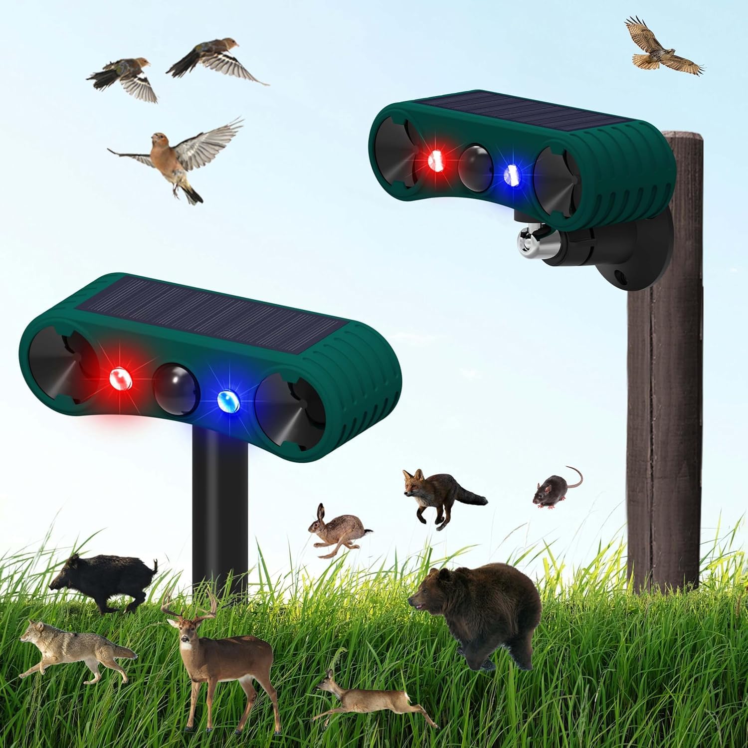 Alarma solar con sensor de movimiento para interiores y exteriores, 4 modos de sirena de 129 db, con advertencia intermitente roja y azul. Ideal para hogares, villas y granjas (2 unidades)