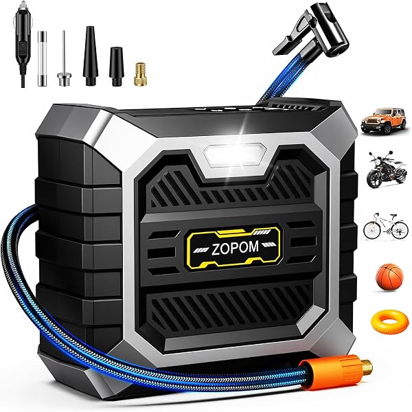 ZOPOM Tire Inflator Portable Air Compressor, 12V DC Car Air Pump with Auto Shut-Off & Digital Pressure Gauge, 100 PSI Corded Inflator for Car, Motorcycle, Bicycle & Sports Balls, LED Light - 1