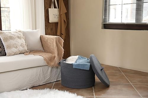 Miniatura 92 de Cesta de almacenamiento extra grande de 16 x 16 x 18 pulgadas con tapa, cestas de almacenamiento de cuerda de algodón, canasta de lavandería, Gris