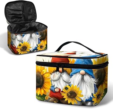 Large Capacity Makeup Bag with Brush Slot, Sunflower Gnome Travel Portable Cosmetic Bag with Handle and Zipper, Womens Toiletry Storage Pouch Washable Waterproof Makeup Organizer Bag