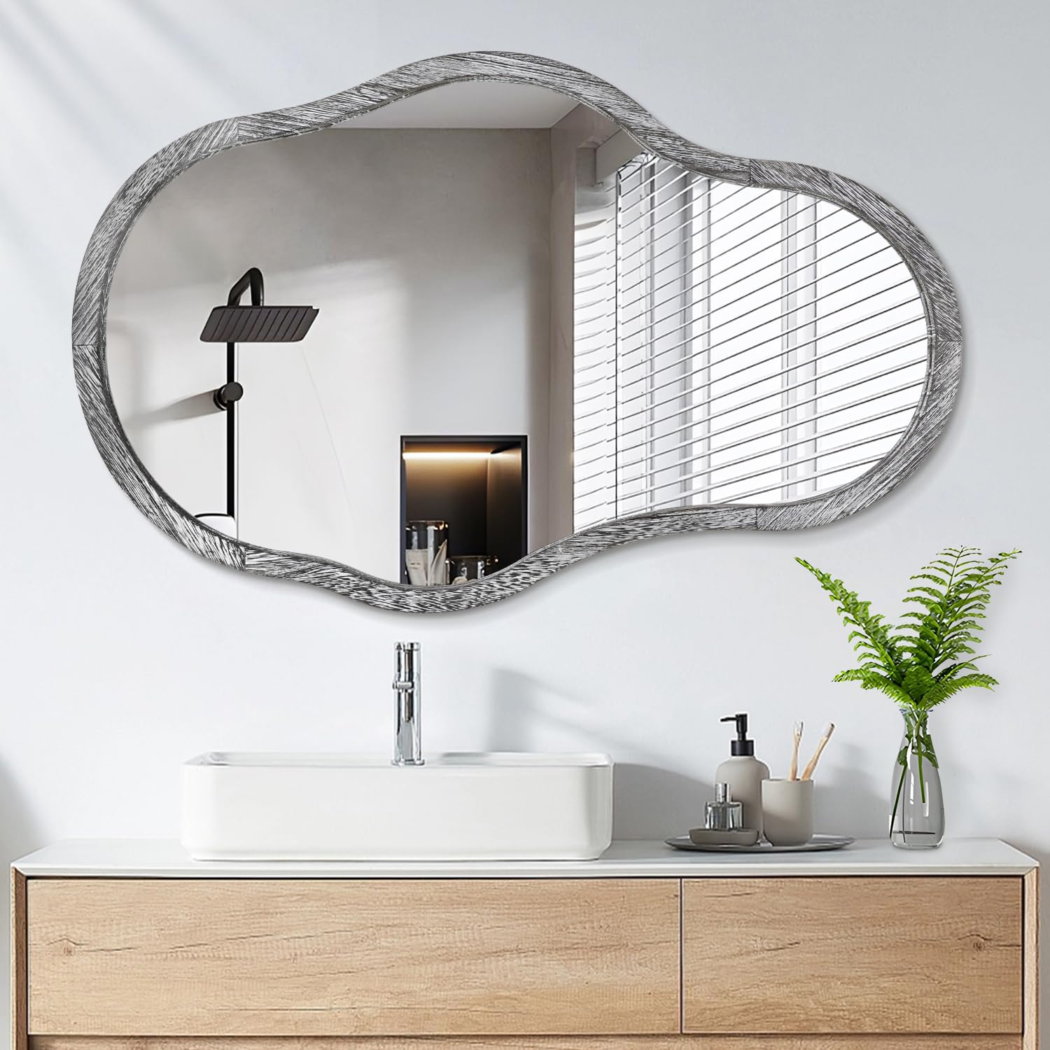 Lzuso Irregular Wall Mirror Large Wavy Mirrors Modern Wood Frame Unique Shape Asymmetrical Wall Vanity Artistic Mirror Decor for Living Room Bedroom Bathroom Entryway Hallway Rustic Black 28"x20"