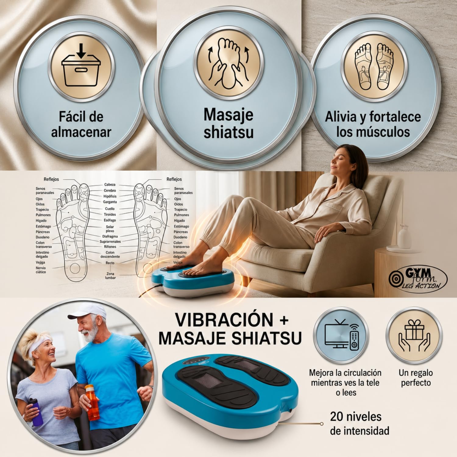 GYMFORM Masseur Pieds avec Shiatsu Leg Action (Platinum), avec télécommande, 10 programmes/20 vitesses pour améliorer la circulation et soulager la douleur