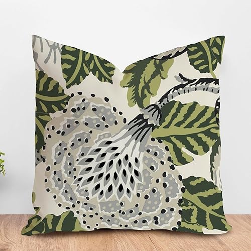ArogGeld Funda de cojín cuadrada de flores blancas y verdes, color gris, negro, floral, verde, hojas, chinoiserie, almohada chic a cuadros para