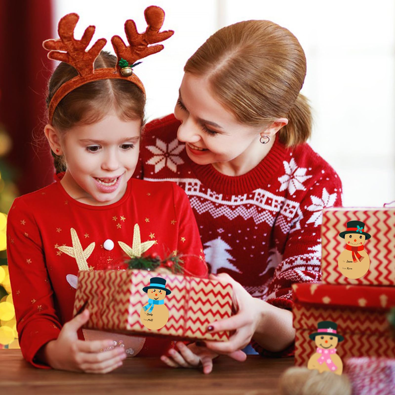 G2PLUS 120PCS Christmas Name Stickers - 42x76mm Cute Xmas Labels, Brown Self -Adhesive Snowmen Stickers For Kids' Presents Cards