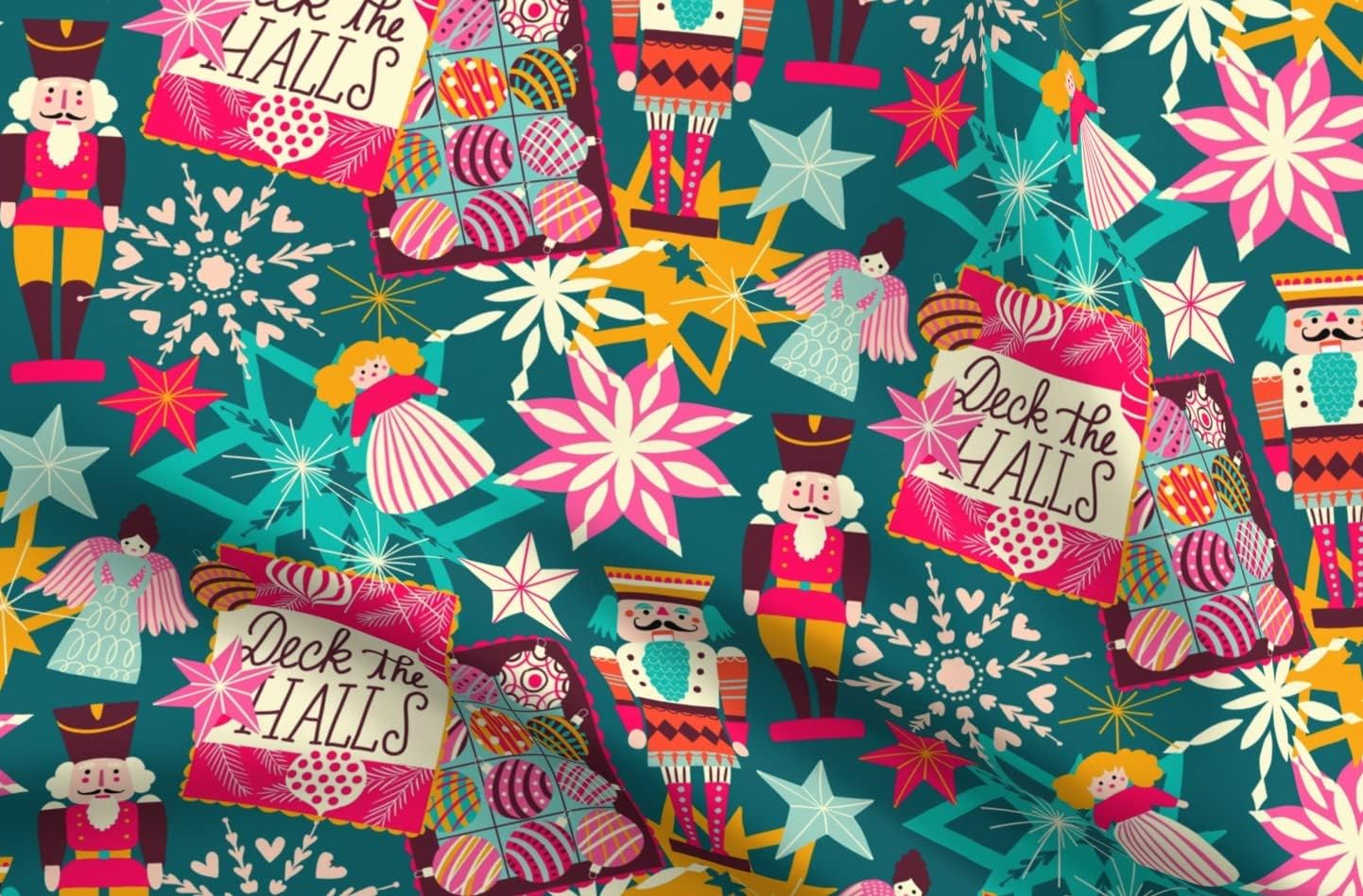 Spoonflower Fabric - Deck Colorful Xmas Teal Medium Scale Stars Angels Ornaments Nutcracker Printed on Organic Cotton Sateen Fabric by The Yard - Sewing Quilting Apparel Home Decor