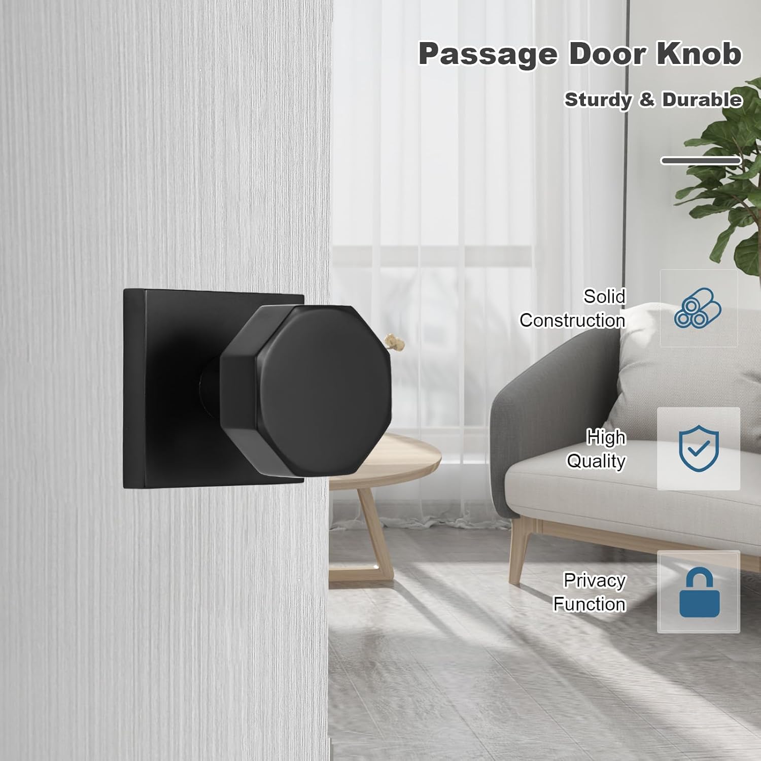 coolnews Passage Door Knobs Interior, Modern Octagonal Door Knob Matte Black Door Handles for Hallway and Closet