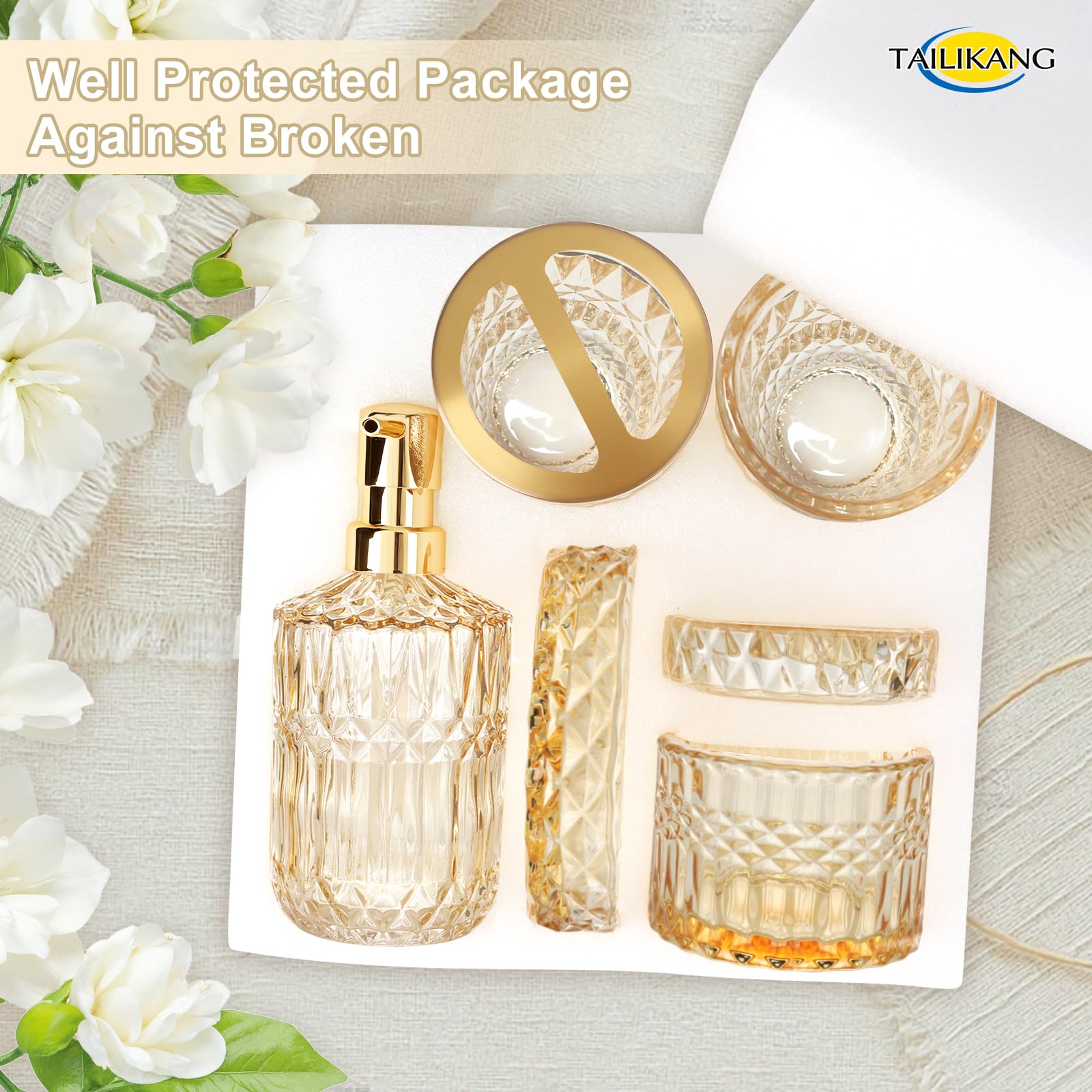 Set di accessori da bagno in vetro dorato, set completo di 5 accessori da bagno, decorazione moderna per il bagno con dispenser di sapone, piatto, portaspazzolino, bicchiere, bastoncini di cotone