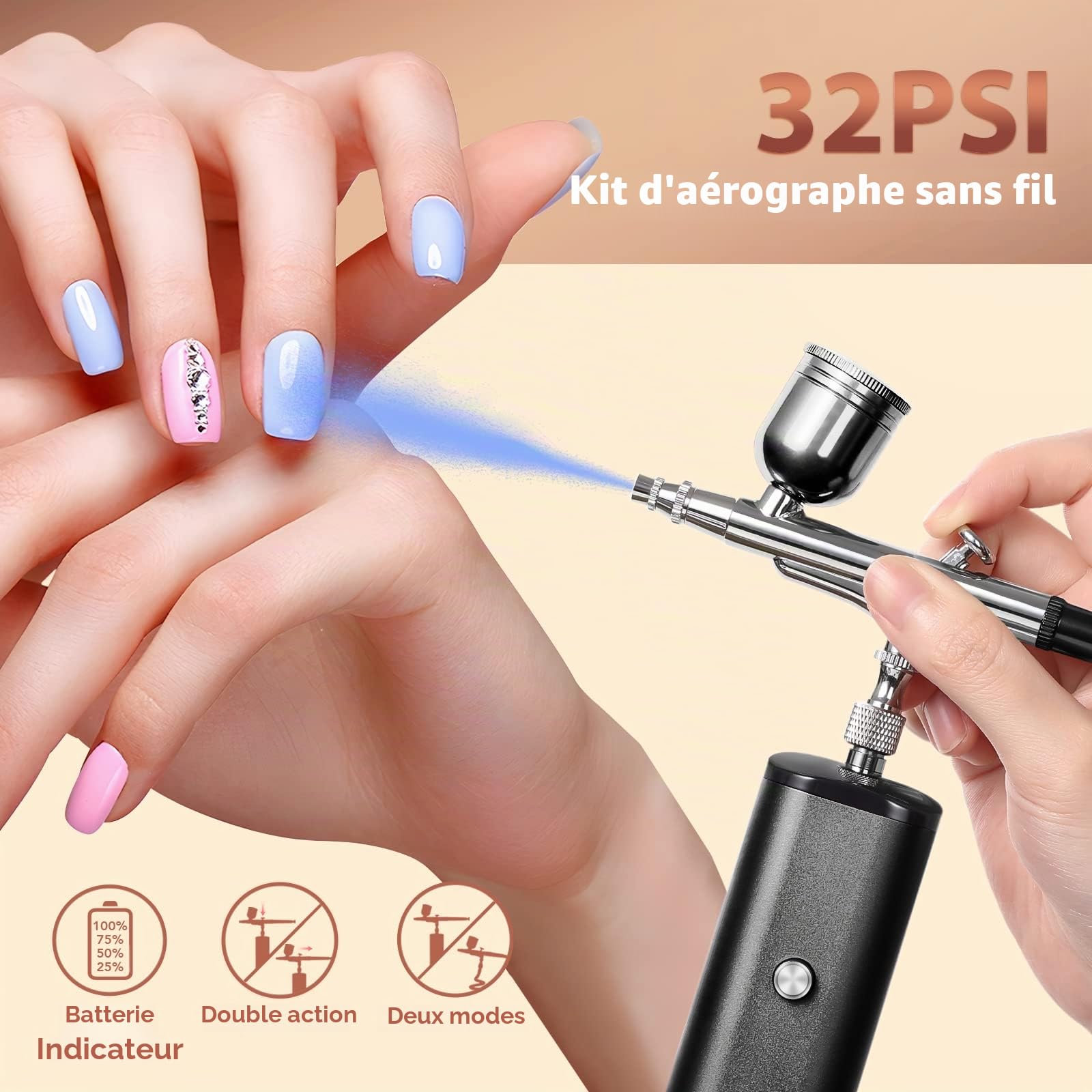 YF YOUFU Kit aérographe sans fil avec compresseur, mini pistolet à air portable 32 PSI haute pression pour peinture, tatouage, nail art, maquillage, gâteau, barbier