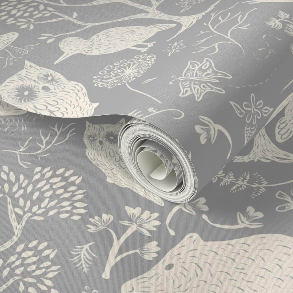 Peel & Stick Wallpaper 12ft x 2ft - Neutral Woodland Animals Bird Nature Deer Animal Owl Tree Baby Custom Removable Wallpaper by Spoonflower