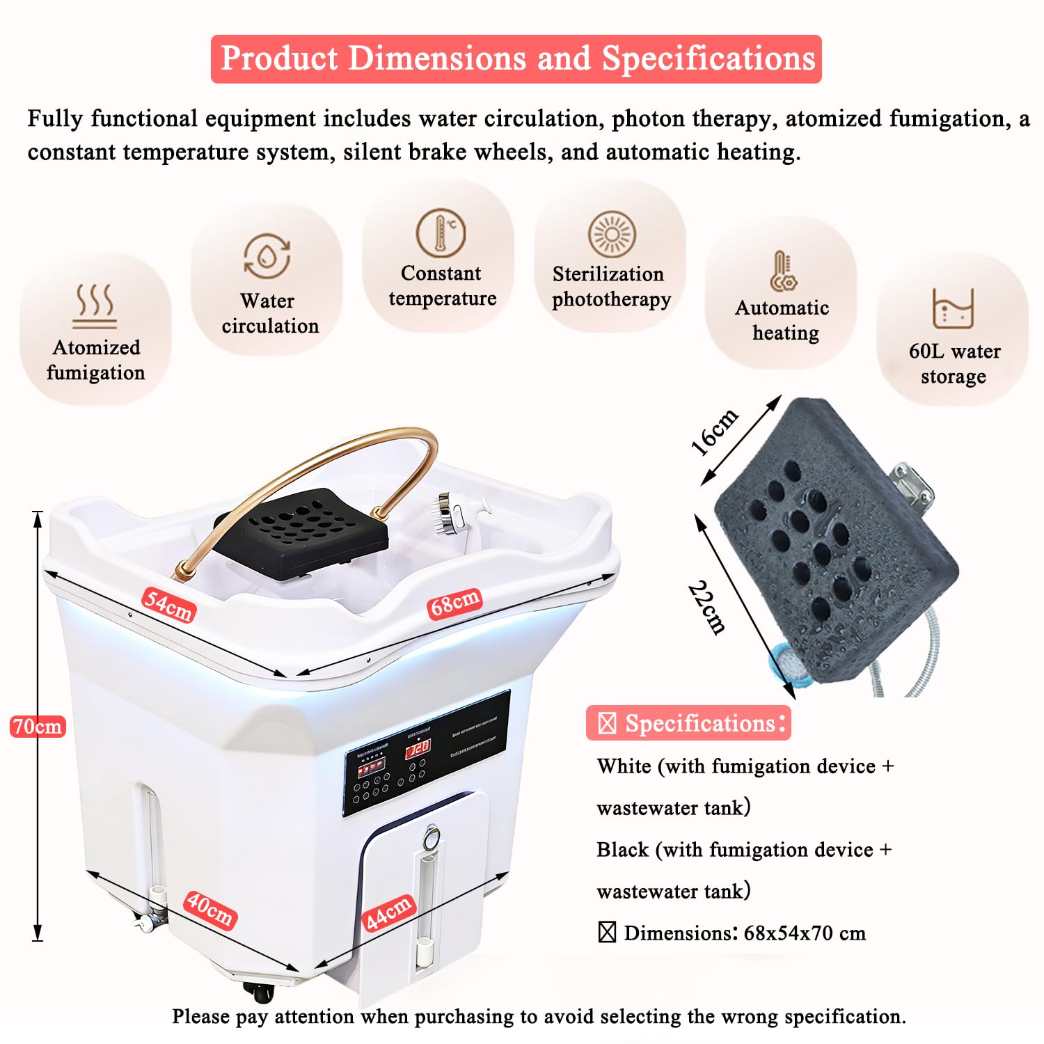 Lavatesta Portatile per Parrucchieri, Lavatesta per Disabili con Serbatoio 60L + 20L Serbatoio Rreflui, Lavateste Portatili Casa, Dotato Inalatore Vapore, Adatto Spa Saloni Parrucchiere, Bianco
