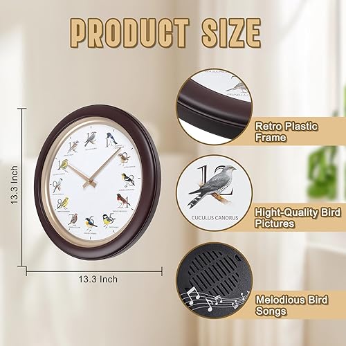 Miniatura 2 de Reloj de pared de pájaro cantante de 13.3 pulgadas con canciones de pájaros reales, movimiento silencioso sin tictac, reloj decorativo de animales