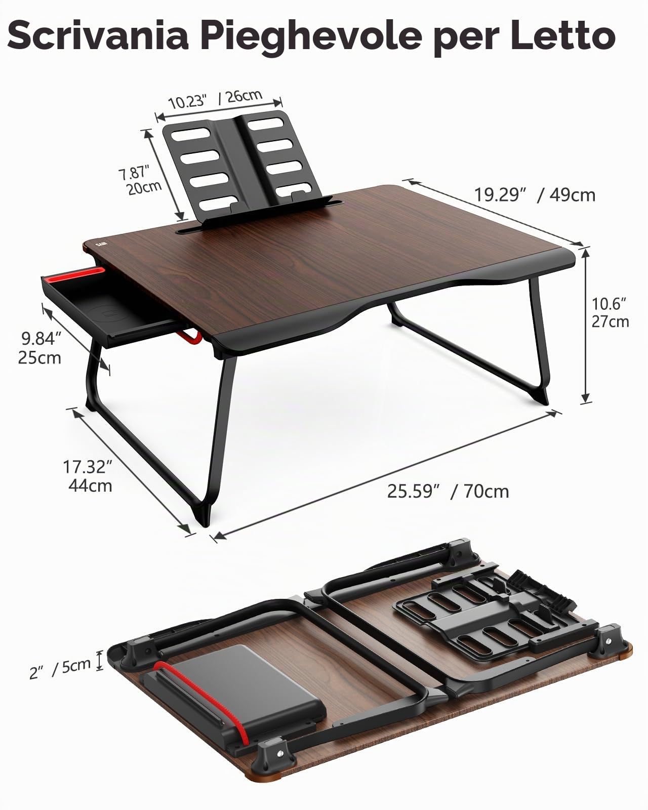 Tavolo da letto per laptop, tavolo da letto pieghevole SAIJI XXL, per studiare, mangiare, divano, letto, con cassetto, supporto per telefono tablet libro (nero, 65 * 49 * 30cm)