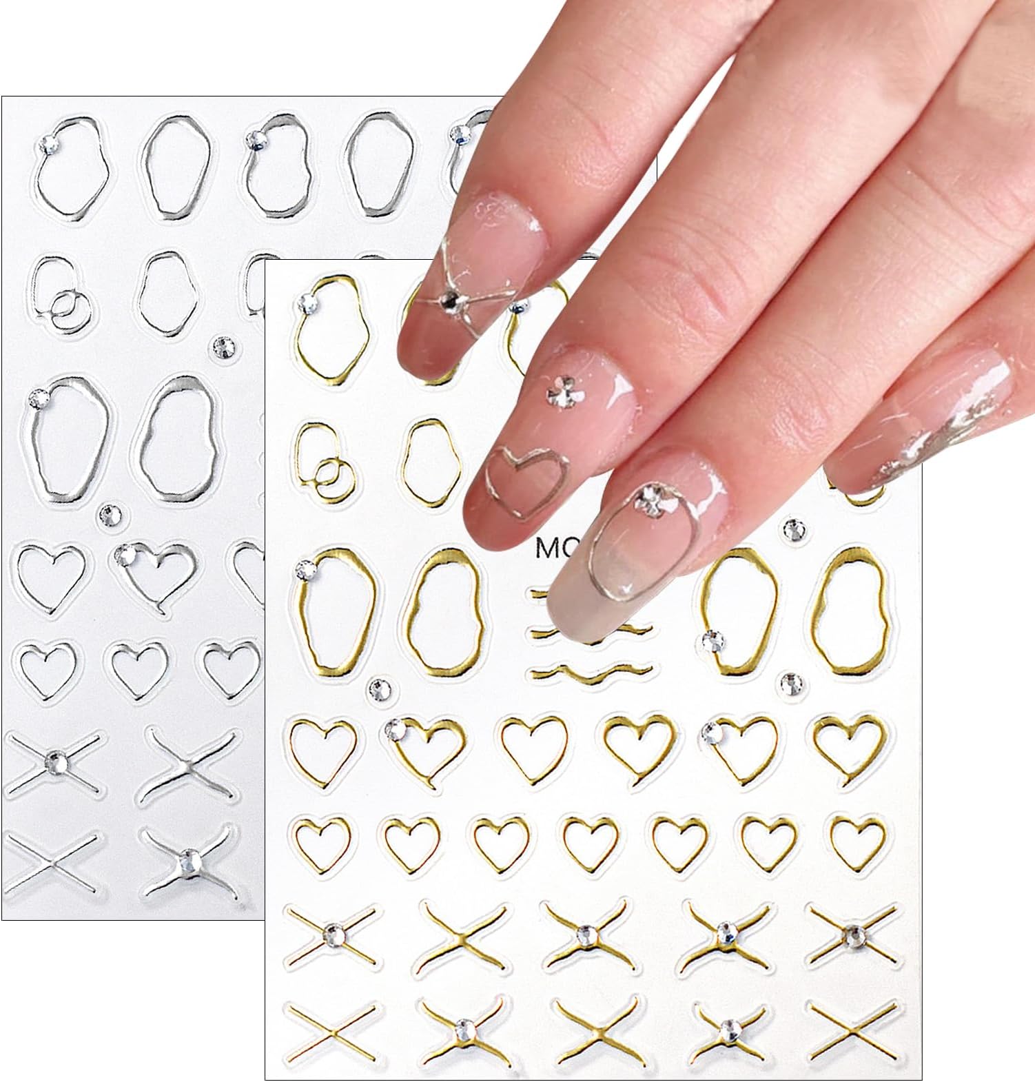 2 Sheets Irregular Bronzing Nail Art Stickers 3D Self Adhesive Gold Silver Frame Nail Stickers with French Line Rhinestone Nail Decals Circle Engraved Manicure Decals for Women Girls Nail Decorations