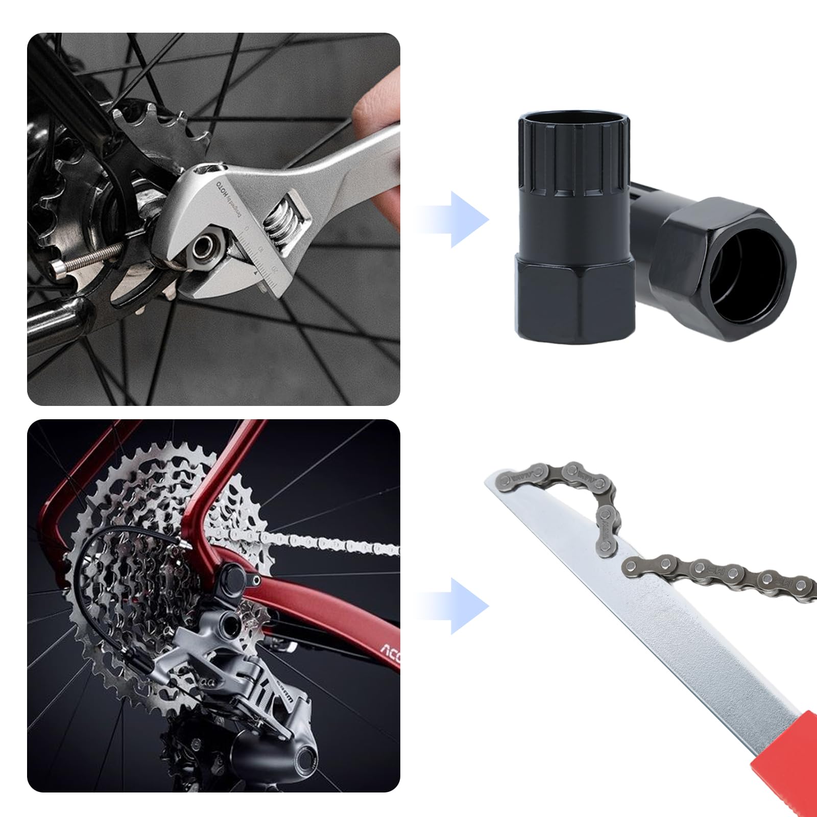 Kit Attrezzi Catena per Bici Chiave Pacco Pignoni e Estrattore Ruota Libera con Frusta per Catena per rimozione pignone sblocco Ruota Libera e Multi-velocità per Bici Corsa e MTB