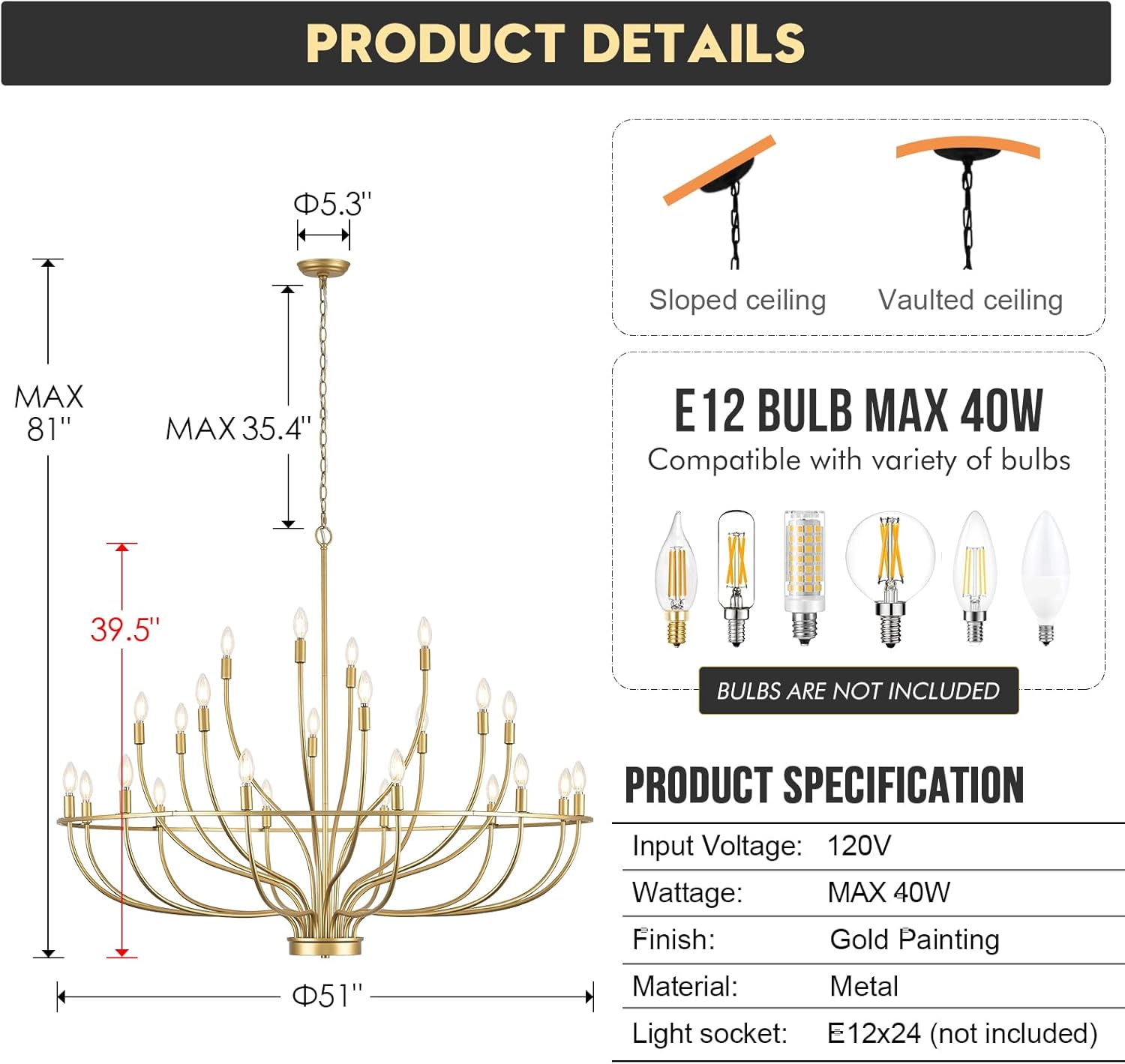 24 Light Gold Chandelier 51'' Large Candle Chandeliers for High Ceiling Foyer Brushed Brass Gold Chandelier Light Fixture for Large Living Room Dining Room Stairs Entry Restaurant Hotel