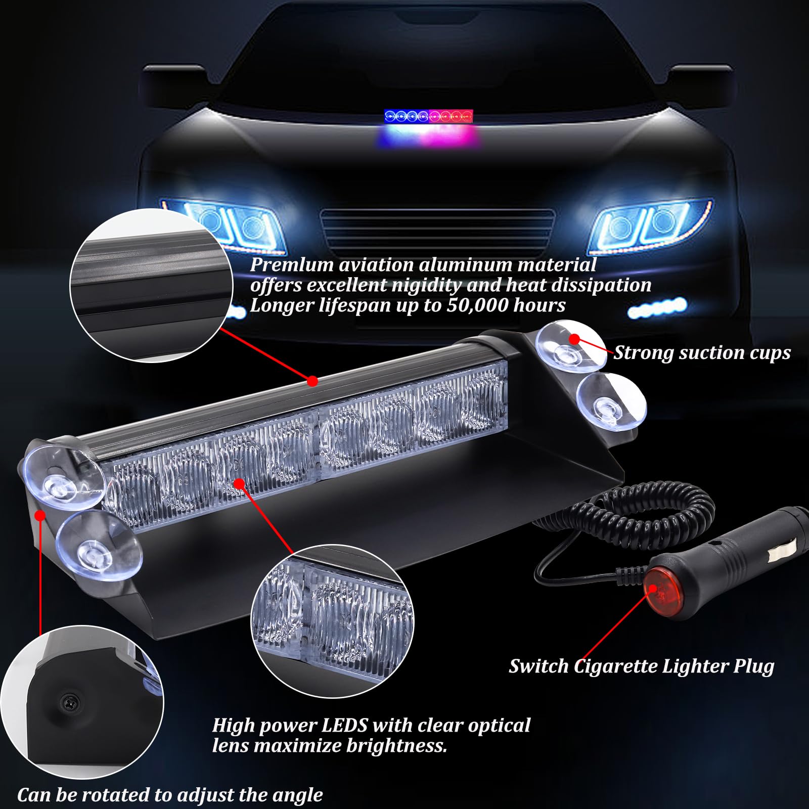 Biqing Emergency Strobe Lights Red Blue,12V 8LED Windshield Hazard