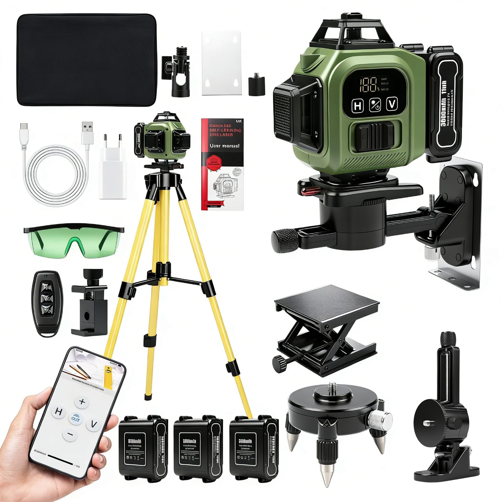 Nivel Laser Autonivelante 360 Grados, Nivel Láser Verde 16 Líneas, 4 x 360°Nivel Láser para Interior y Exterior, 3 x 3600mAh Batería, con mando a distancia y trípode, impermeable IP54