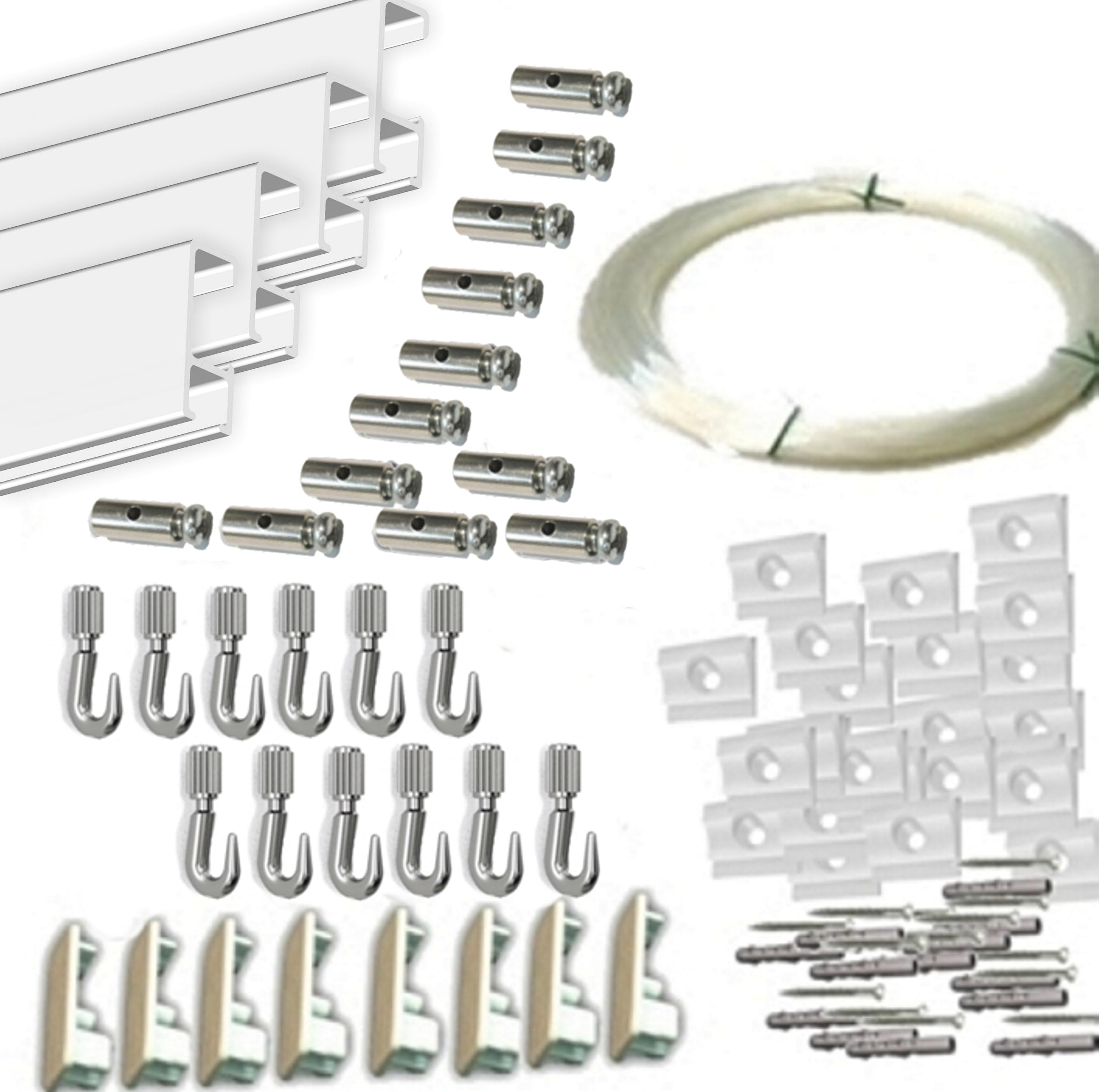 MARCS ARIAS SL Pack FAST Basic de 12 Metros Rieles de Aluminio (Blanco o Plata) y 12 colgadores Nylon para Colgar Cuadros… (Alumnio Blanco Mate)