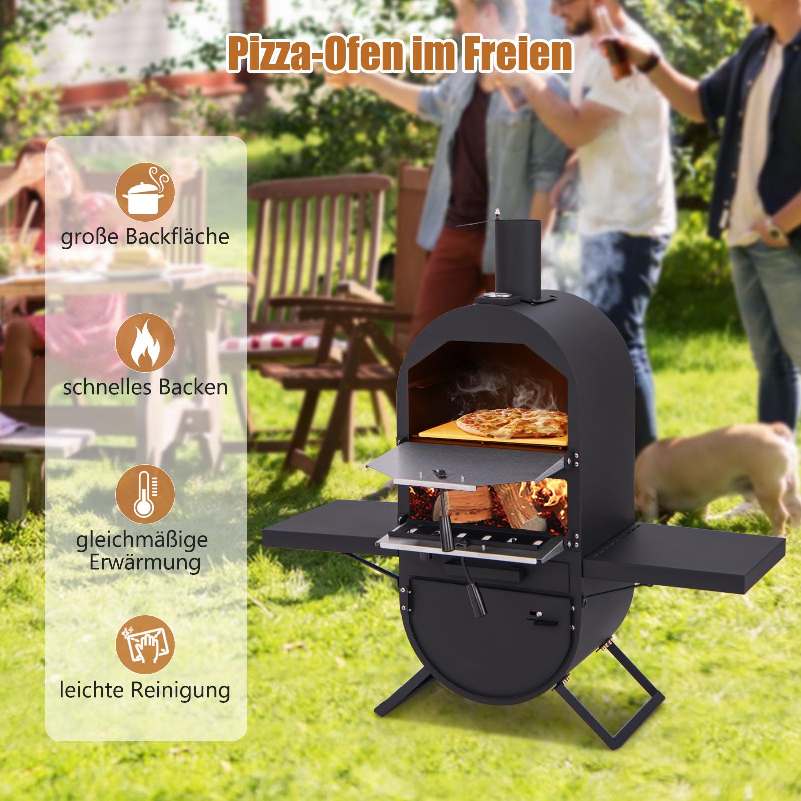 GOPLUS Piec do pizzy, outdoorowy piec do pizzy z kamieniem do pizzy 31 cm, łopatka do pizzy, ruszt do grillowania, termometr i pokrowiec ochronny, wolnostojący piec do pizzy z 2 bocznymi stołami, na