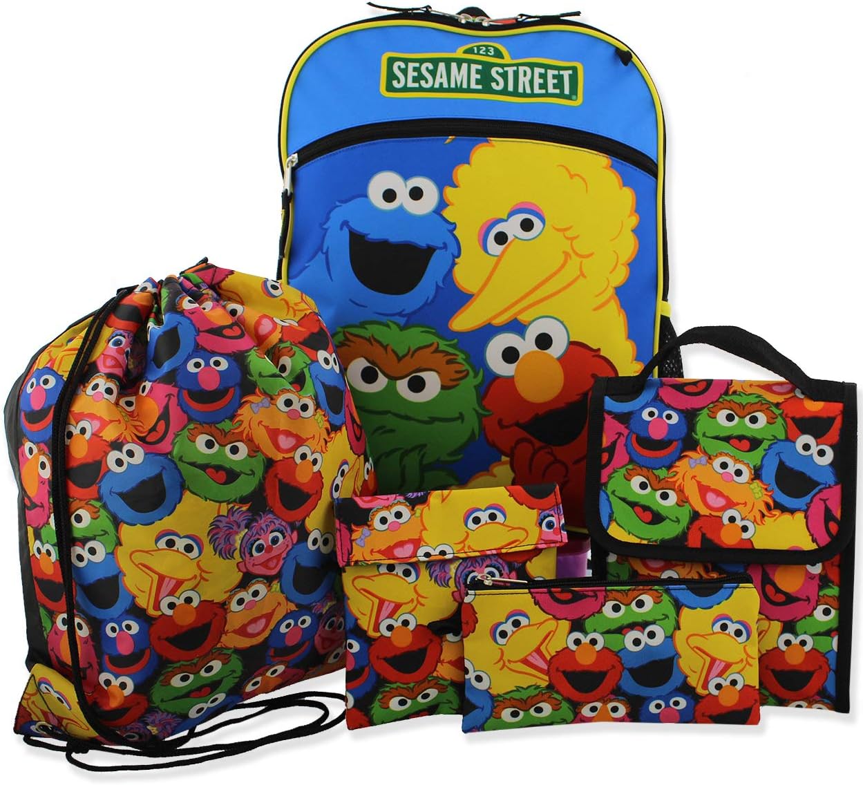 Sesame StreetBoys Girls 5 piece Backpack Lunch Bag and Snack Bag School Set (One Size, Blue/Multi)