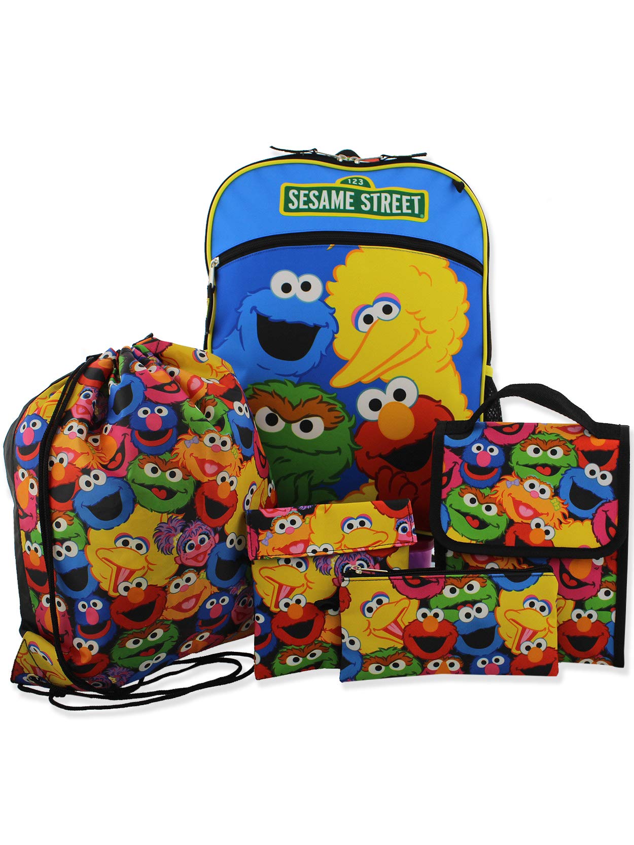 Sesame StreetBoys Girls 5 piece Backpack Lunch Bag and Snack Bag School Set (One Size, Blue/Multi)