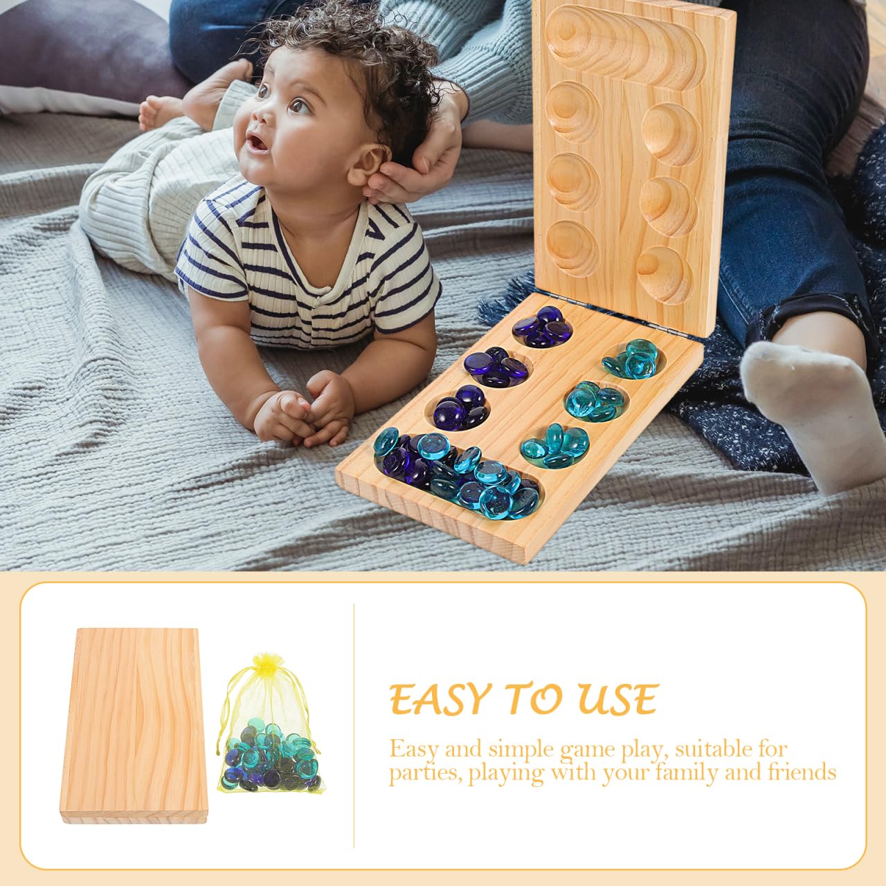 Foldable Wooden Mancala Board Game: Pine Wood Gemstone Marbles Set - Image 2