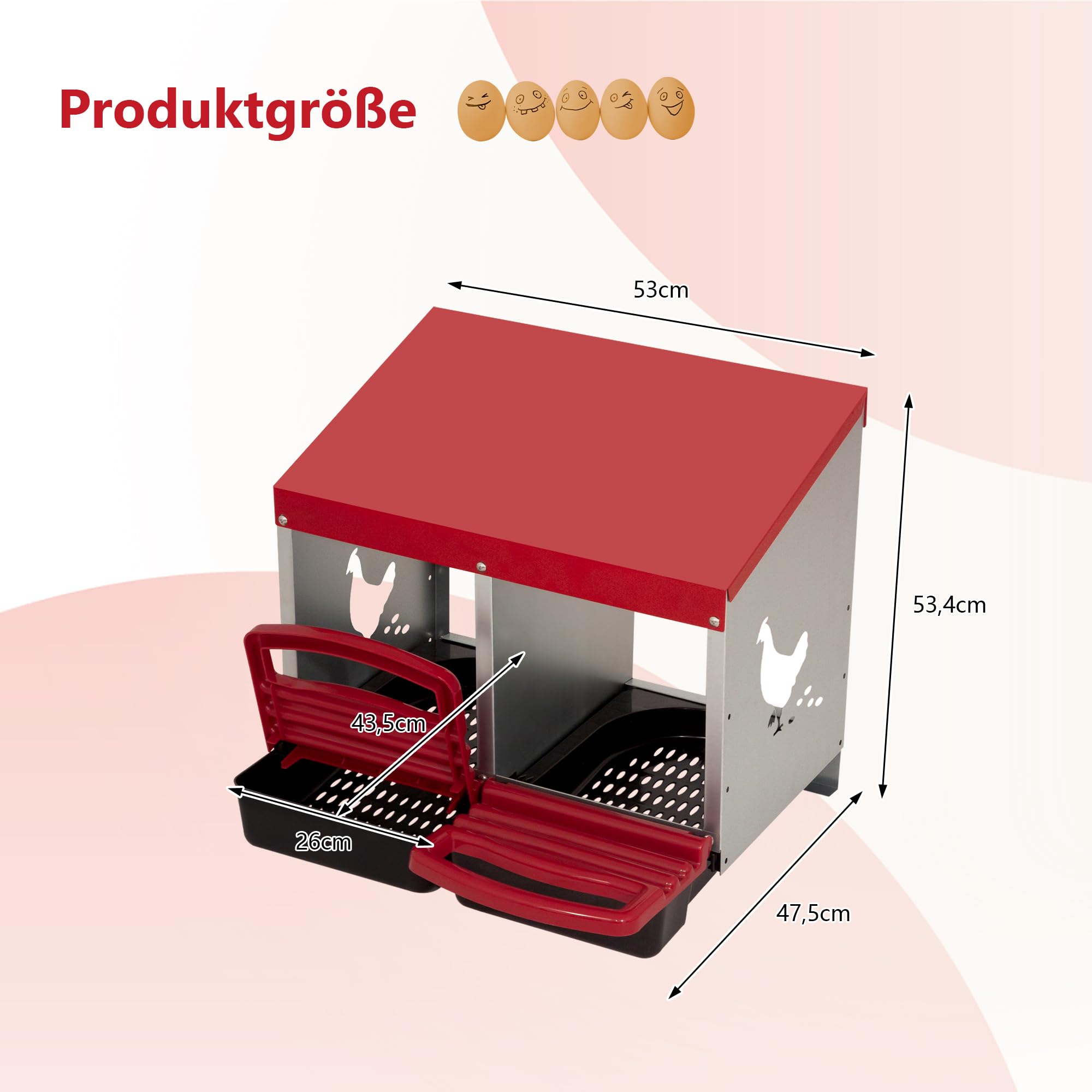 Legenester für Hühner, 2 Abteile, Abrollnest aus Robustem Metall mit Fangschale & Lüftungsschlitzen, Geflügelnest für Hennen, Enten, zur Wandmontage, 47,5x53x53,4 cm