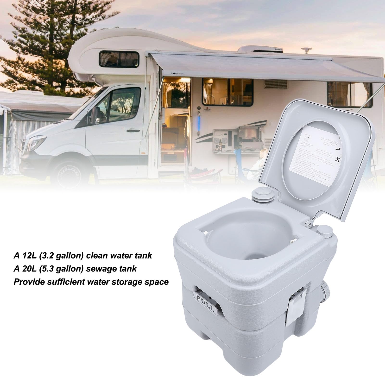 Inodoro Portátil RV 20L Gris con Alta Capacidad de Carga para Acampar y Viajes Marinos Fácil Descarga (Doble salida)