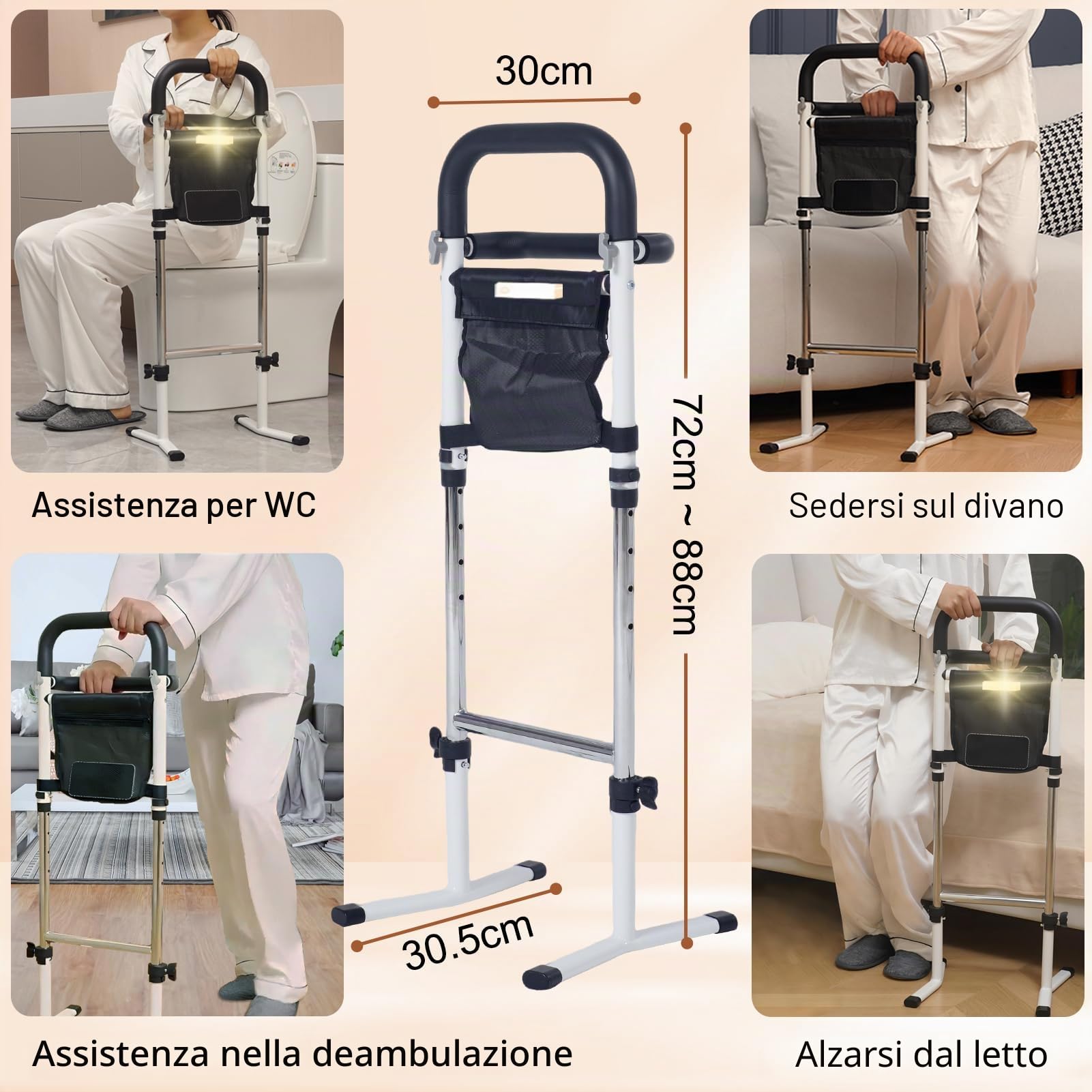 Ausili per Alzarsi dal Letto per Anziani, Altezza Regolabile su 5 Livelli, Supporto per Alzarsi da Letto/Divano/WC, con Tasca e Luce Sensoriale, Portata Massima 150 kg