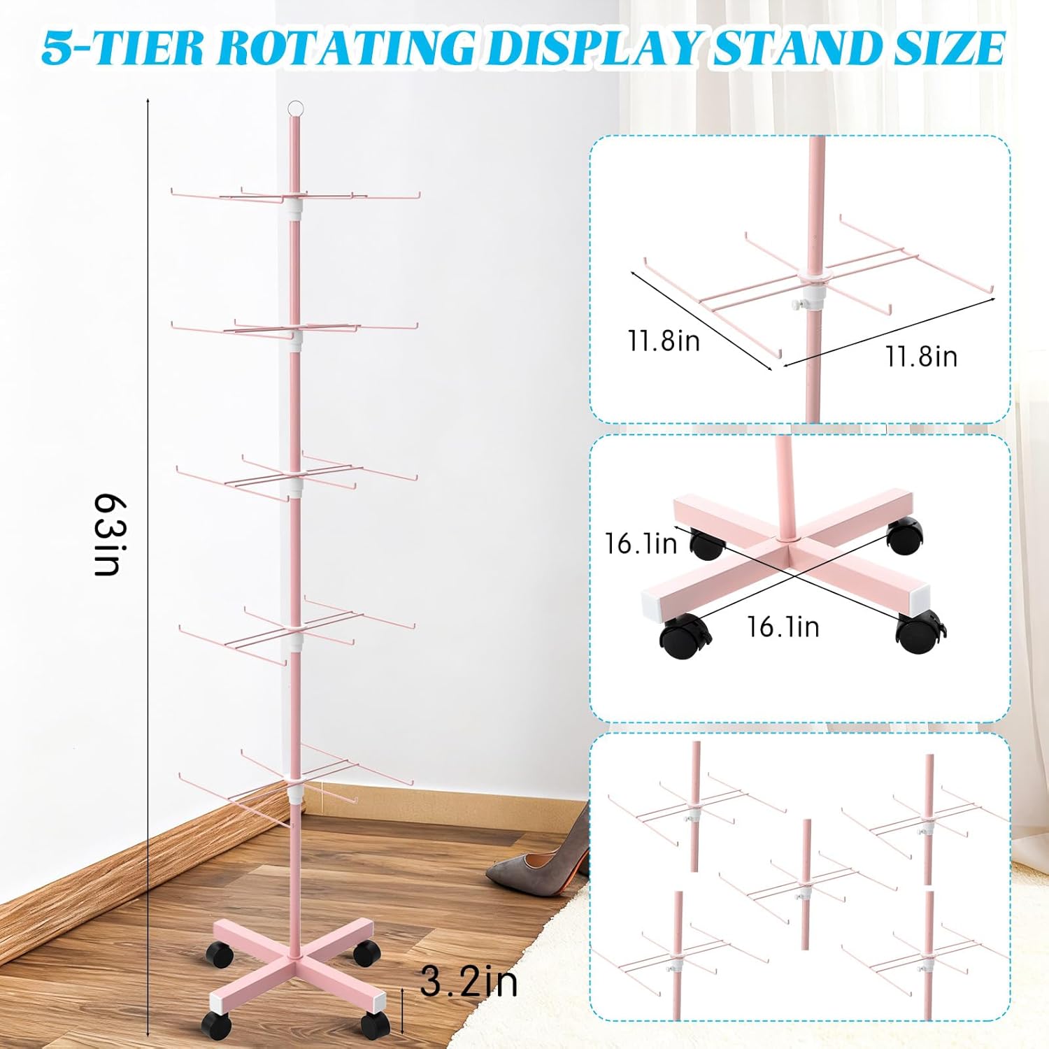 ripeng 2 pack 5-tier rotating retail display stand, adjustable spinning rack with wheels for jewelry earrings keychains craft shows vendor events, pink 5 tier pink 2