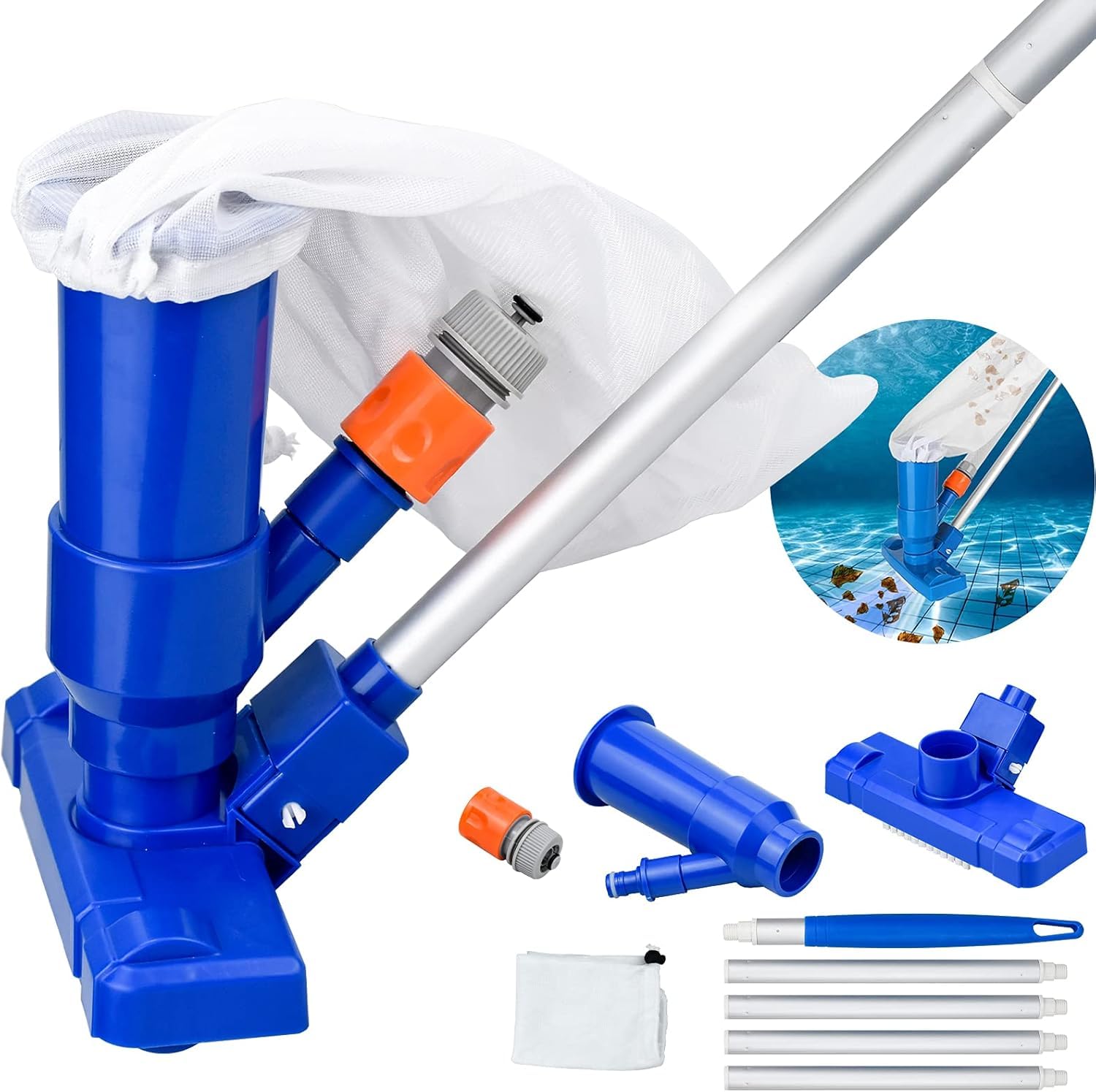 Kit de Limpieza Piscina, Aspirador de Piscina Manual Portátil con Barra para Piscinas SPA Jacuzzi Charca Fuente - Azul