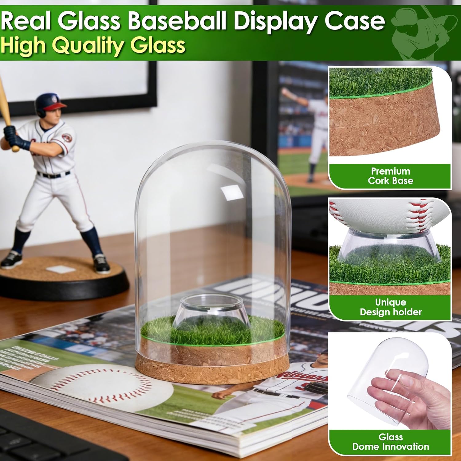 Real Glass Baseball Display Case - UV Protected Dome Tabletop Box with Cork Base & Faux Grass for a Single Official, Signed or Game-Used Baseball (Dome)