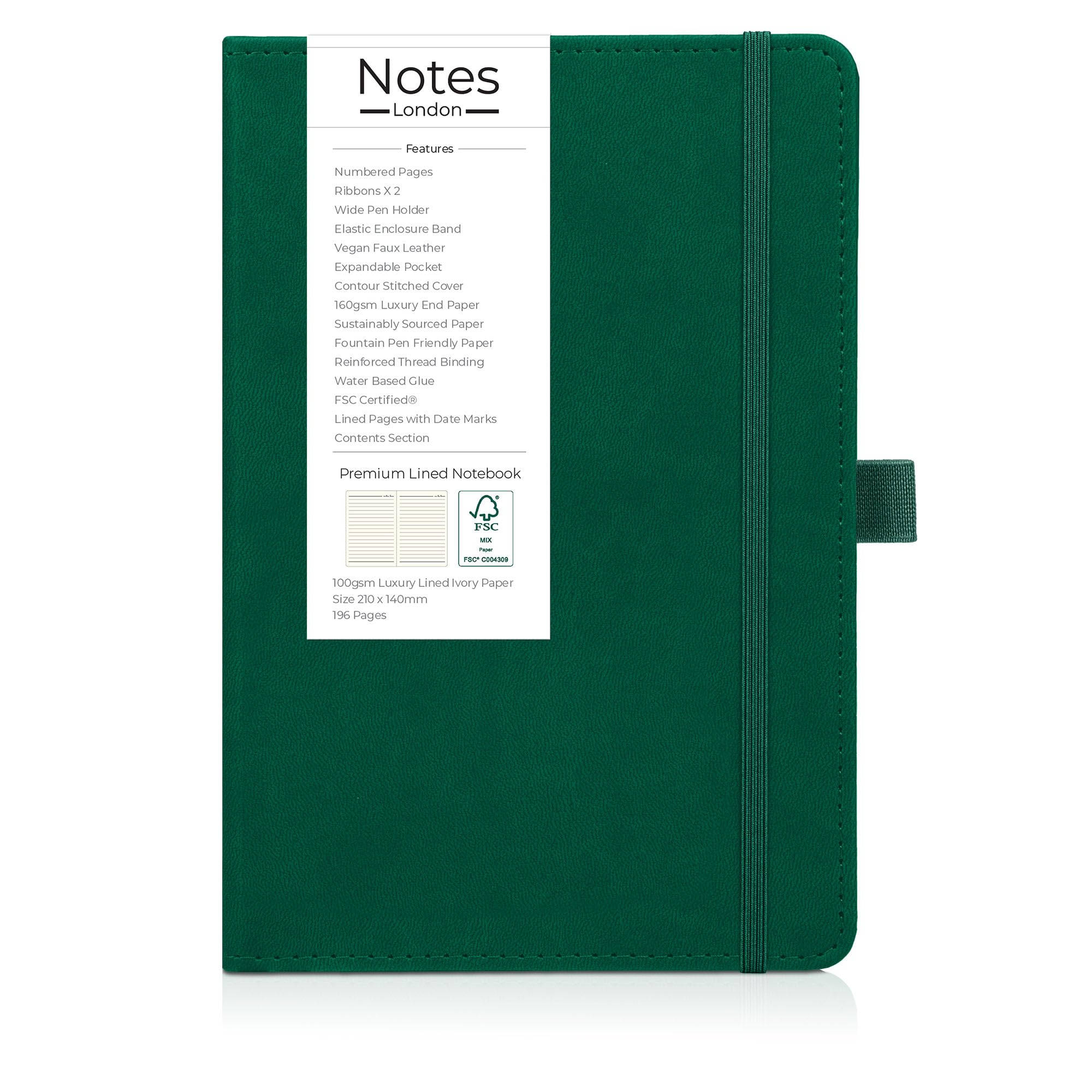 Notes London Luxury Italian style A5 Notebook with Stitched Hardcover, 100gsm Lined Numbered & Date Marked Pages, 2x Ribbons - Image 2