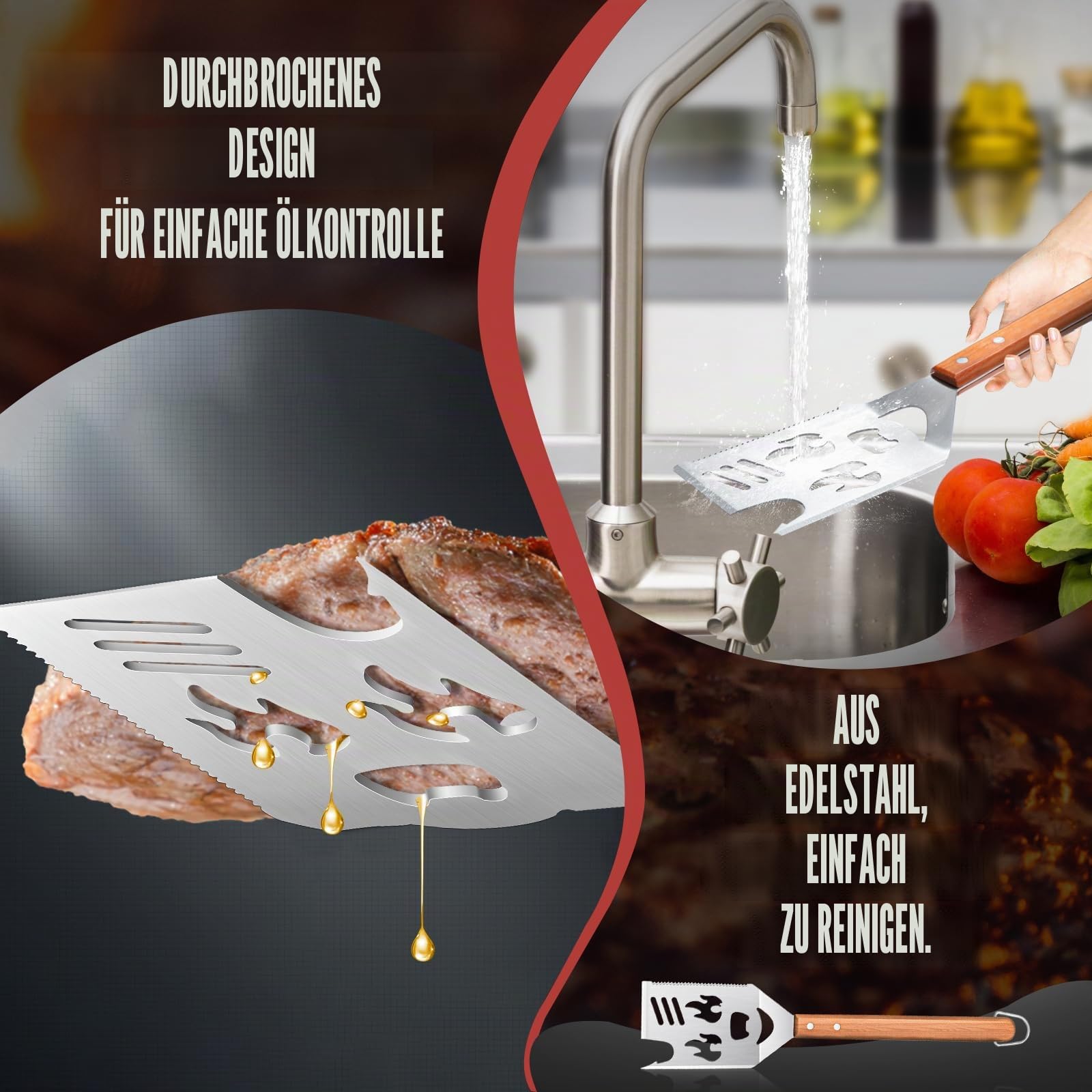 8 in 1 BBQ Spatel für Outdoor Grill, Grillbesteck mit Holzgriff, Multifunktionales Grillwerkzeug, 40,5 cm Grillwender, BBQ Geschenke für Männer, Gabel, Säge, Flaschenöffner zum Grillen
