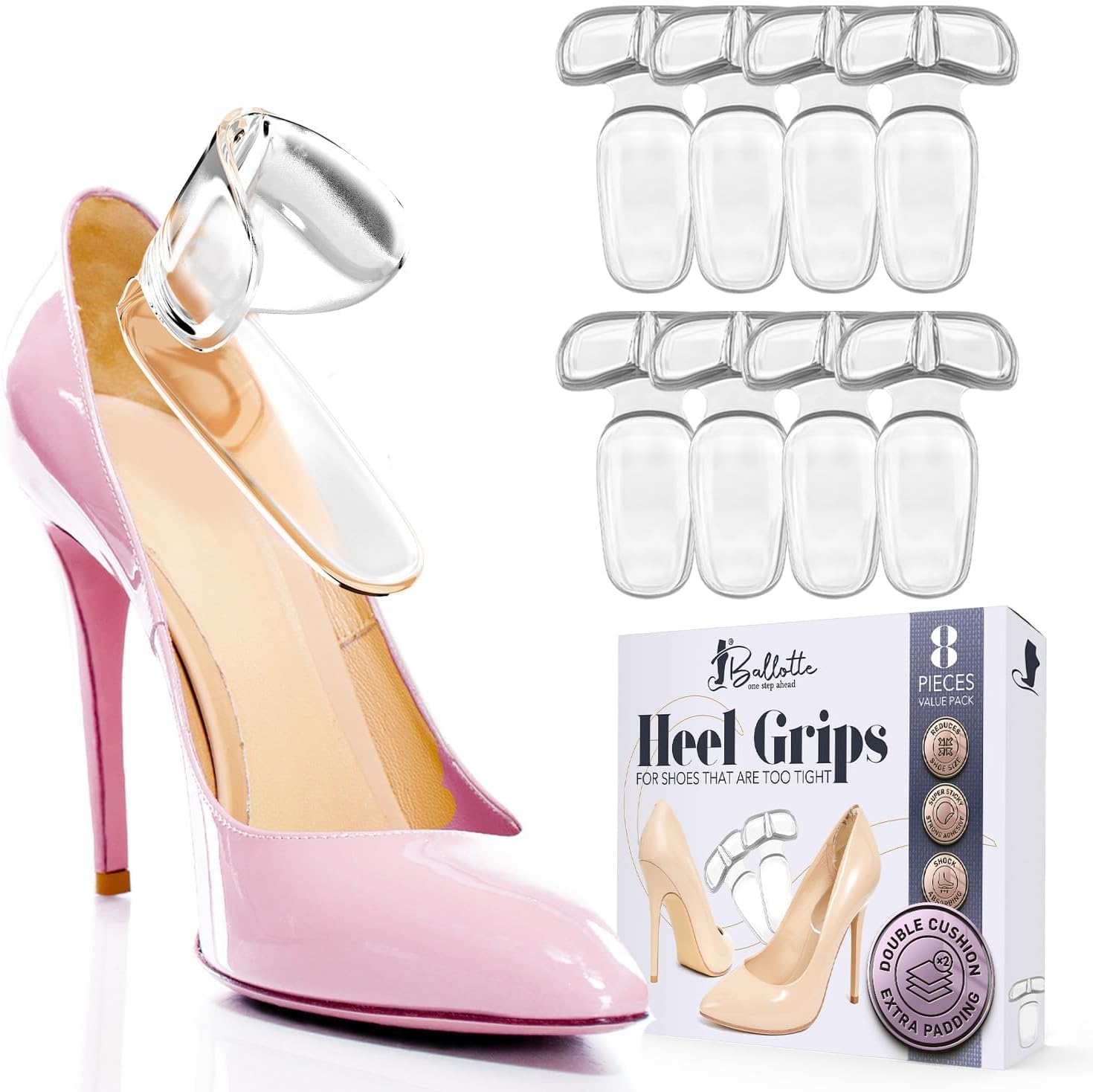 Ballotte Premium Silicone Heel Pads for Shoes. Soft Heel Grips or Inserts for Big Shoes, Alleviates Slipping & Discomfort, Comfortable Cushioning for High Heels, 8-Pack (Double Cushioned)