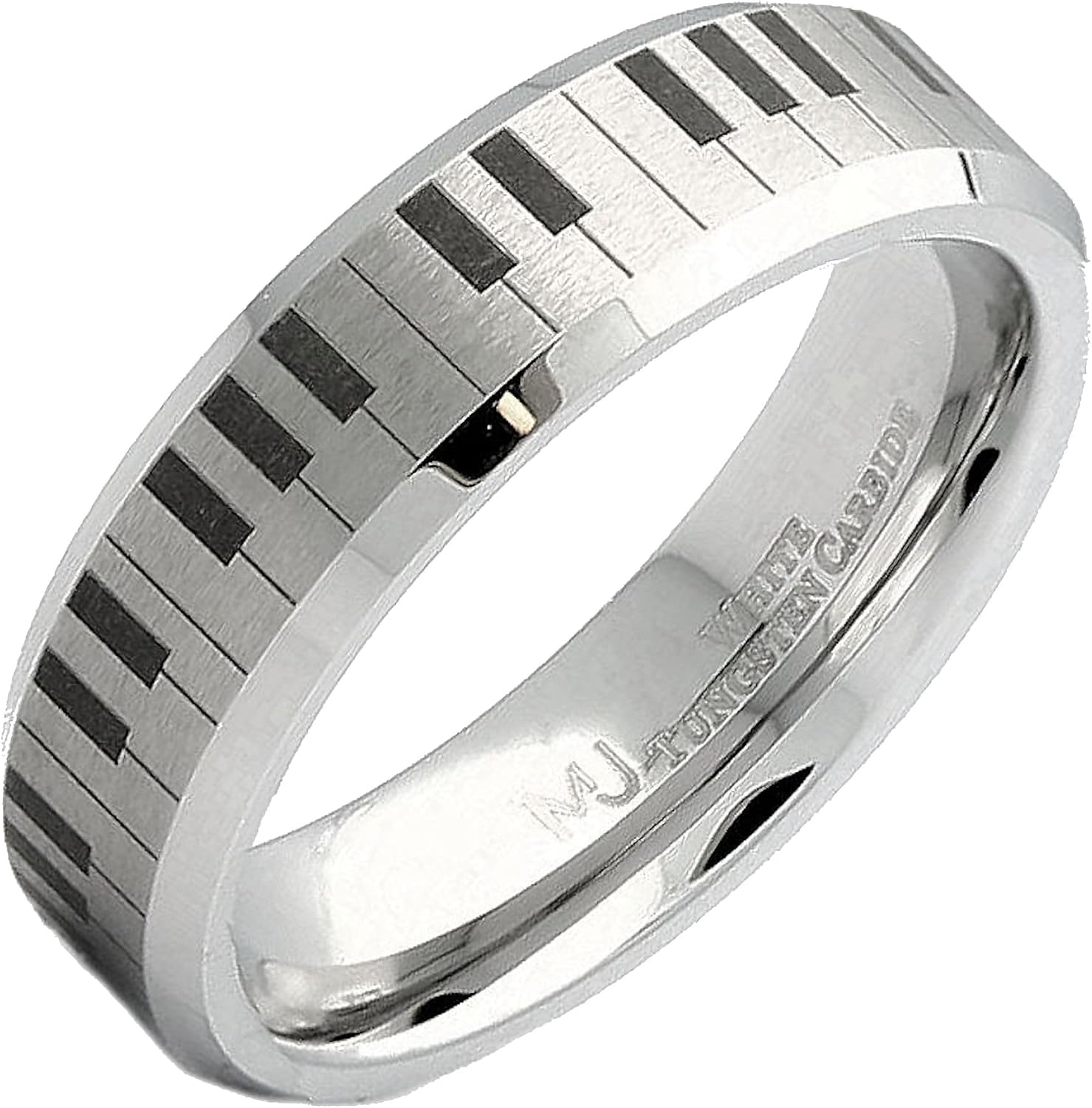 White Tungsten Carbide Piano Keyboard Design 6mm or 8mm Brushed with Polished Edges or Brushed Pipe Wedding Comfort Fit Band