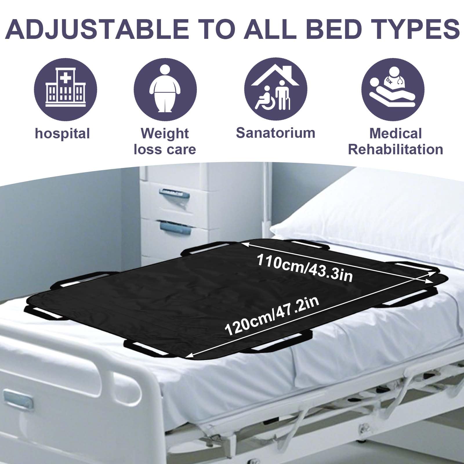 Sábanas de Transferencia Pacientes, Sábana Deslizante para Transferencia de Ancianos 120 x 100 cm, Almohadilla de Posicionamiento con 8 Asas Reutilizable Lavable (Negro)