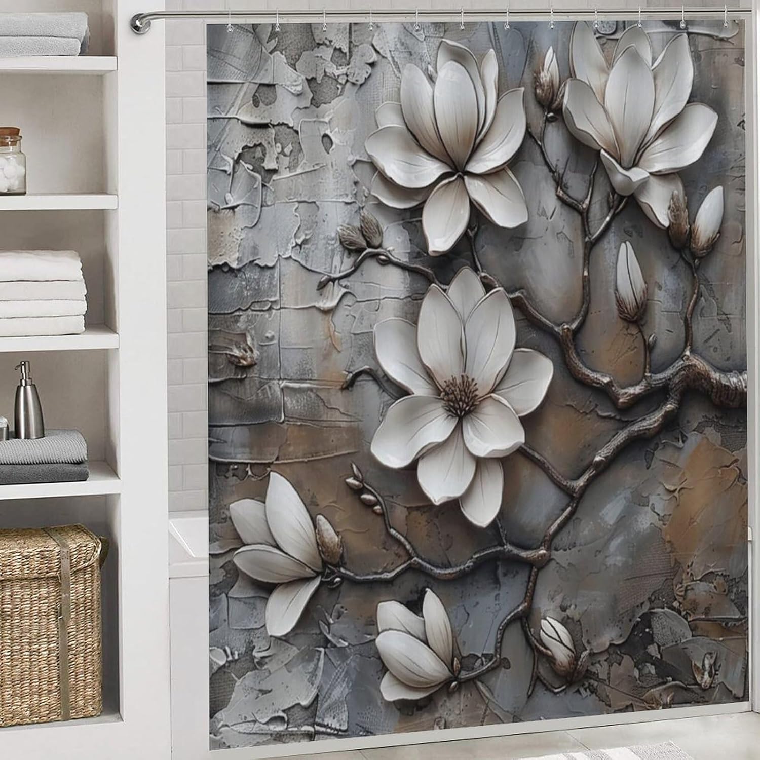 4Pcs Flower Oil Painting Shower Curtain Set with Rugs, Toilet Lid Cover and Bath Mat, Abstract Art Magnolia Floral Plants Bathroom Curtains Decor Shower Curtains, 72" x 72"