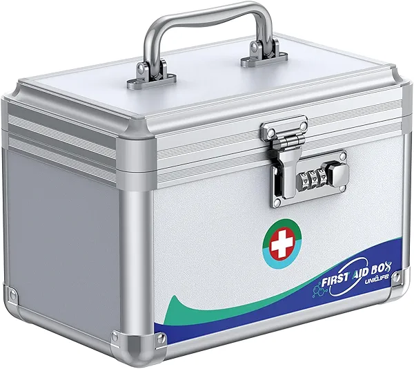 Uniclife Medicine Lock Box First Aid Box with Combination Lock & Handle Portable Medication Metal Lockable Medicine Storage Box Security Lock Box for Medications, 10" x 6" x 6.5"