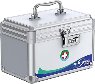 Uniclife Boîte à médicaments Boîte de secours avec serrure à combinaison et poignée Boîtes de rangement de médicaments verrouillable en métal Boîte de sécurité pour médicaments, 25,4 x 15,2 x 16,5 CM