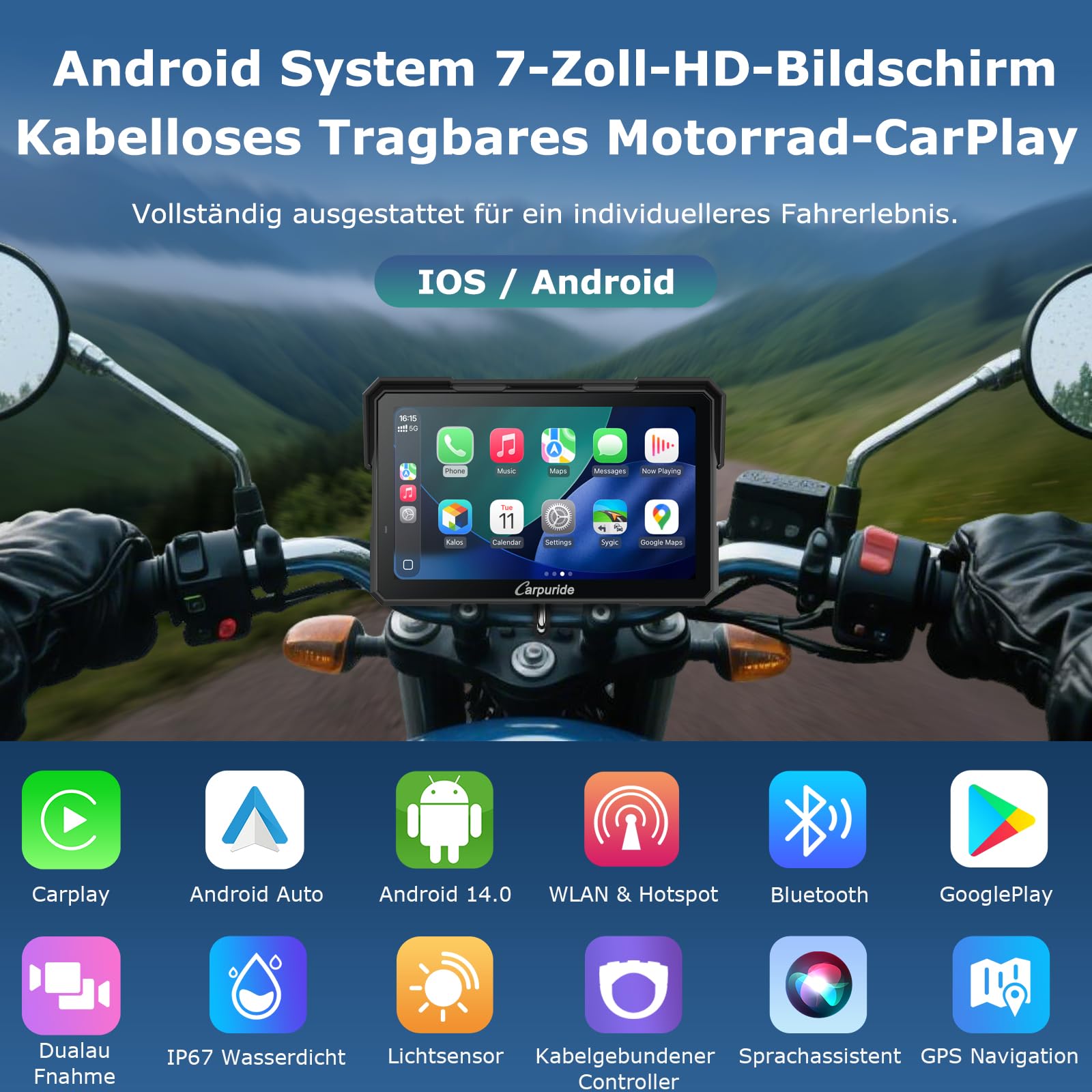 Carpuride W702 Plus 8 Kern Android 14 Motorrad Carplay Bildschirm mit Dual Kameras, Kabellos CarPlay und Android Auto, 7" Wasserdichter Touchscreen, BT Audio, Loop-Aufnahme, Online/Offline Navigation.