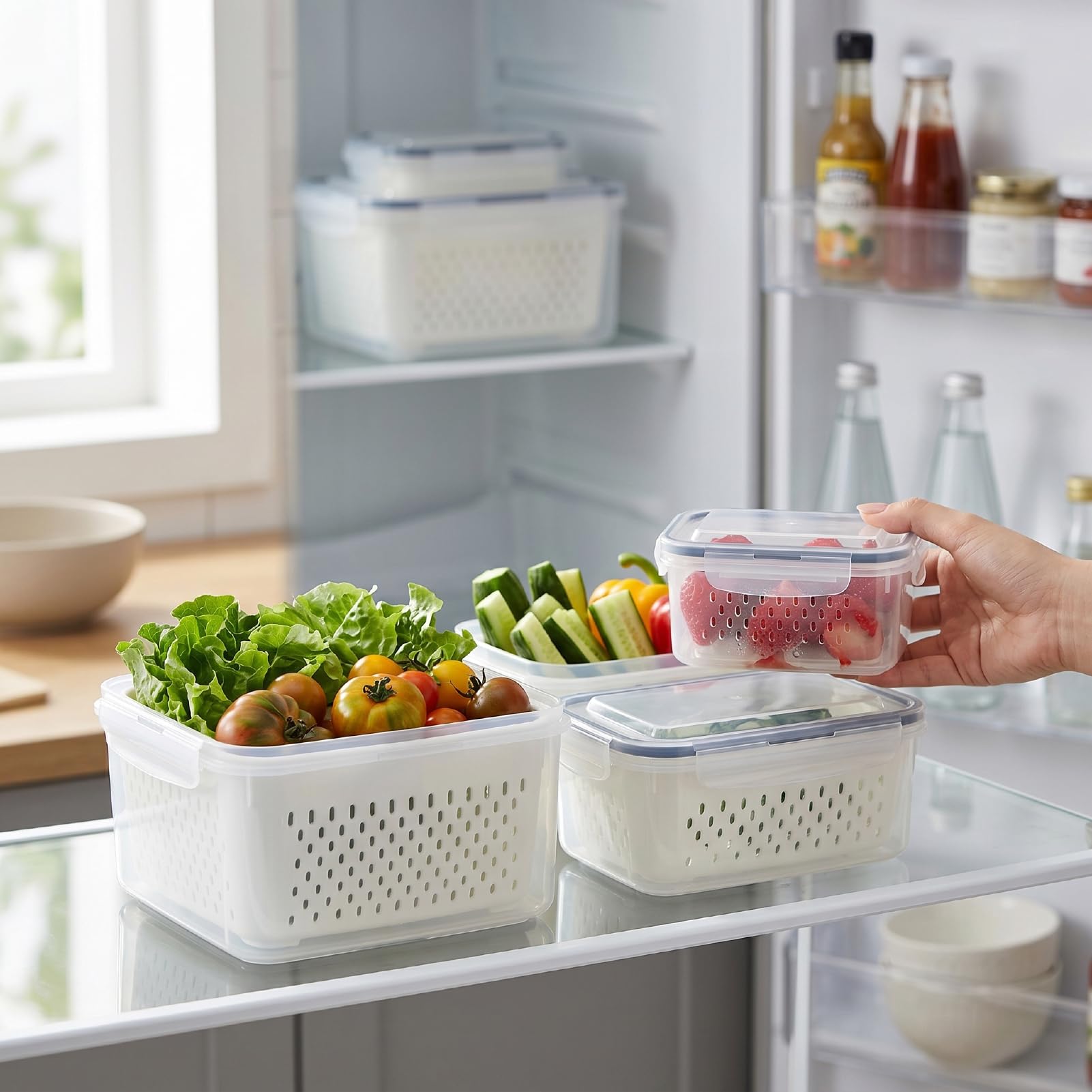 Yosoo Health Gear Contenitori Ermetici per Alimenti, Contenitori per Prodotti in Plastica da 4 Pezzi con Scolapasta Rimovibili, 3,15 L 1,7 L 0,8 L 0,38 L per gli Avanzi di Preparazione dei Pasti in