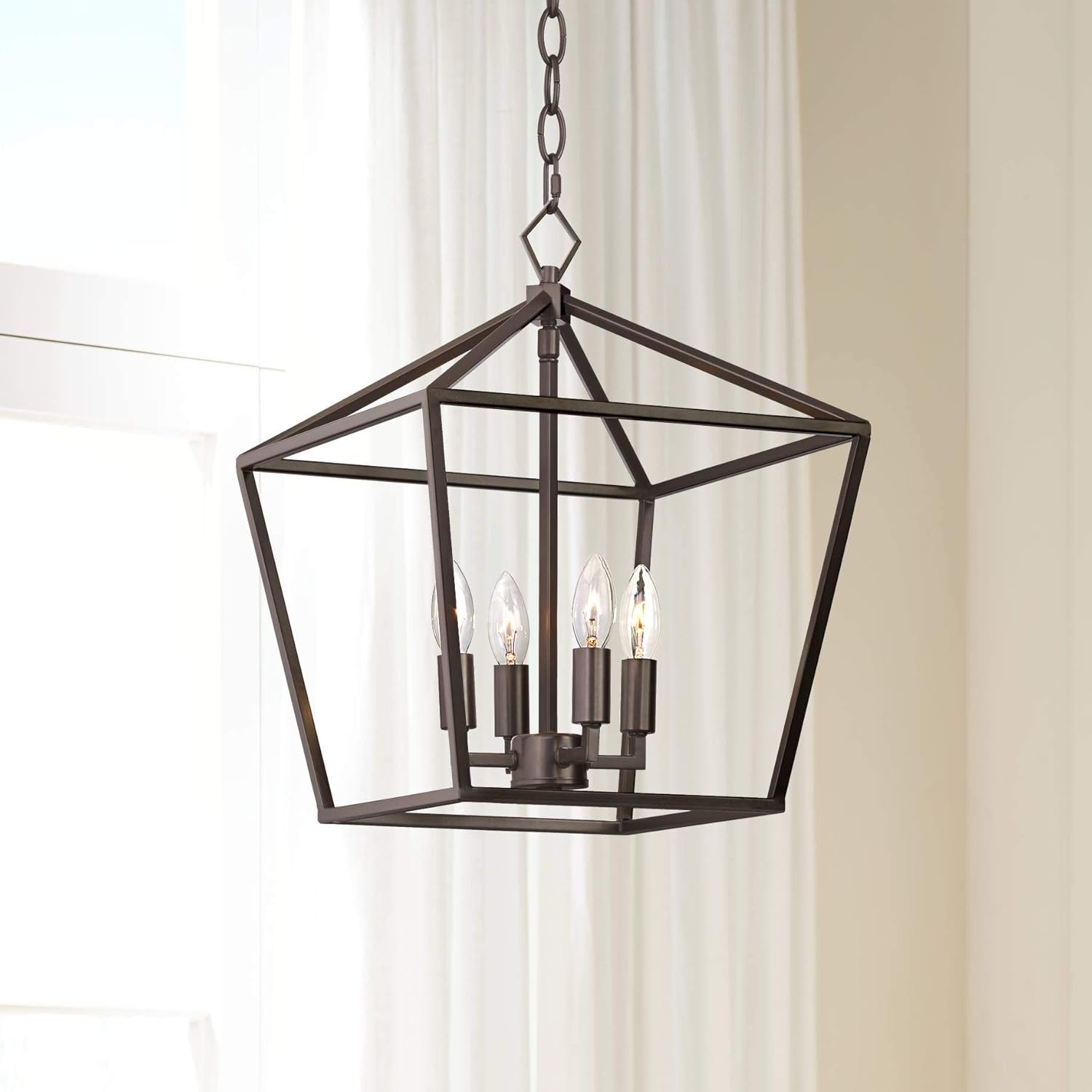 Franklin Iron Works Queluz Bronze Pendant Chandelier Lighting 13" Wide Farmhouse Industrial Rustic Geometric Cage 4-Light Fixture for Dining Room Living House Home Foyer Kitchen Island Entryway