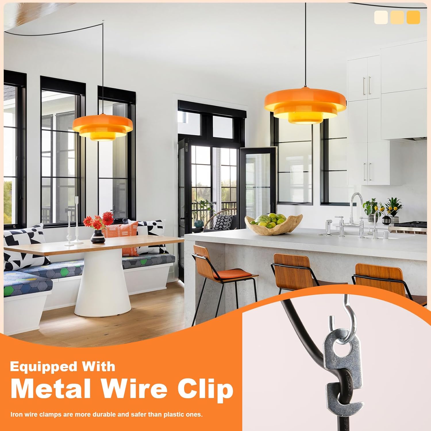 17.7" Plug in Light for Ceiling, Vintage Hanging Light with Plug in Cord 3-Layer Metal Shade Orange Mid Century Chandelier Plug in Pendant Lights for Dining Room Living Room Hallway