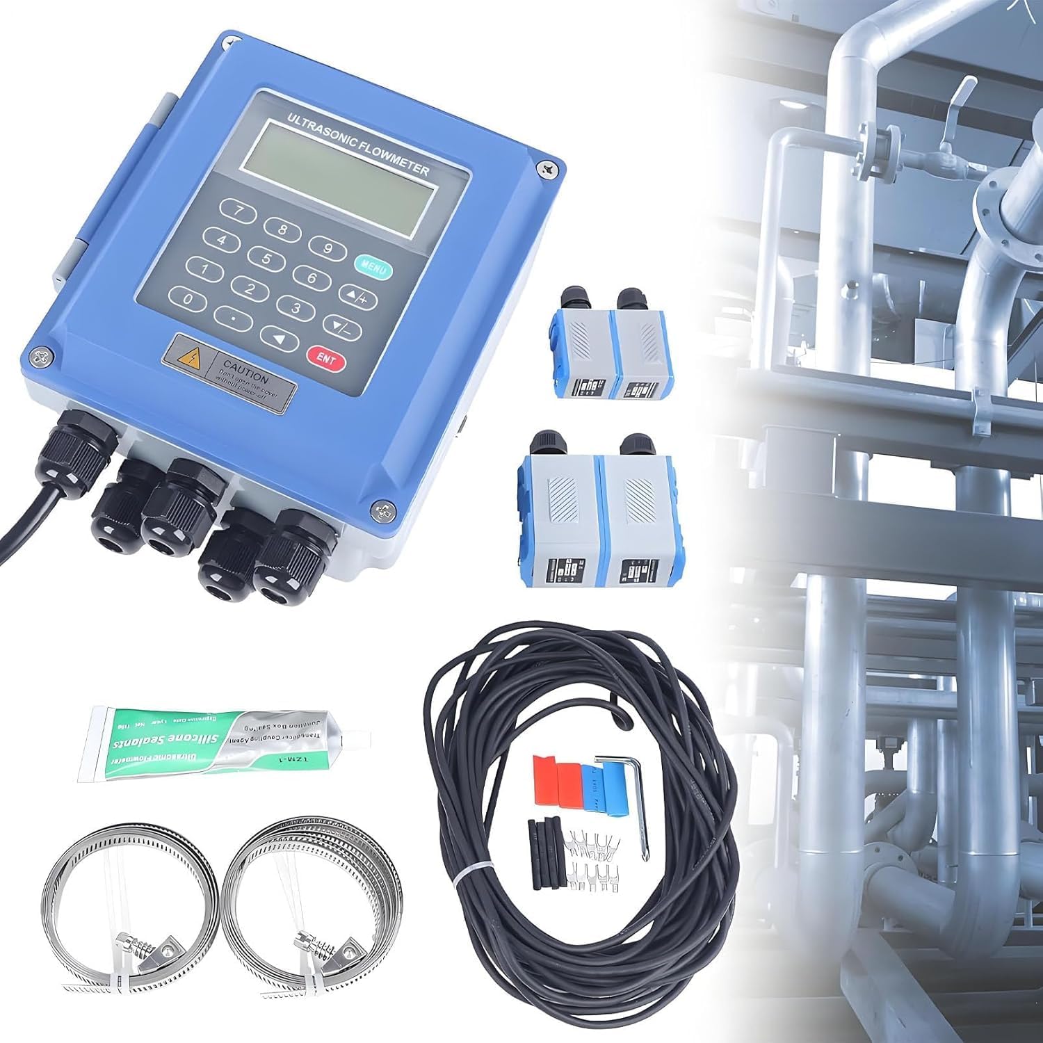 Ultrasonic Flow Meter, Digital Portable Tester with External Clamp Sensor for Pipes DN15-6000mm, Bidirectional Flow Measurement, LCD Display, ±1% Accuracy