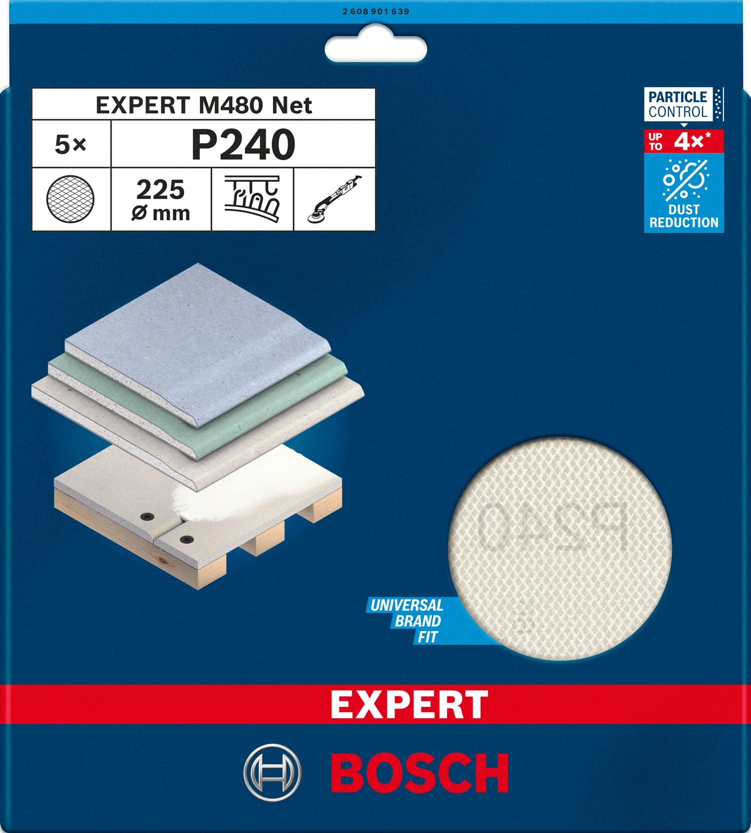 Bosch EXPERT M480 Lot de 5 mailles abrasives 225 mm G 240