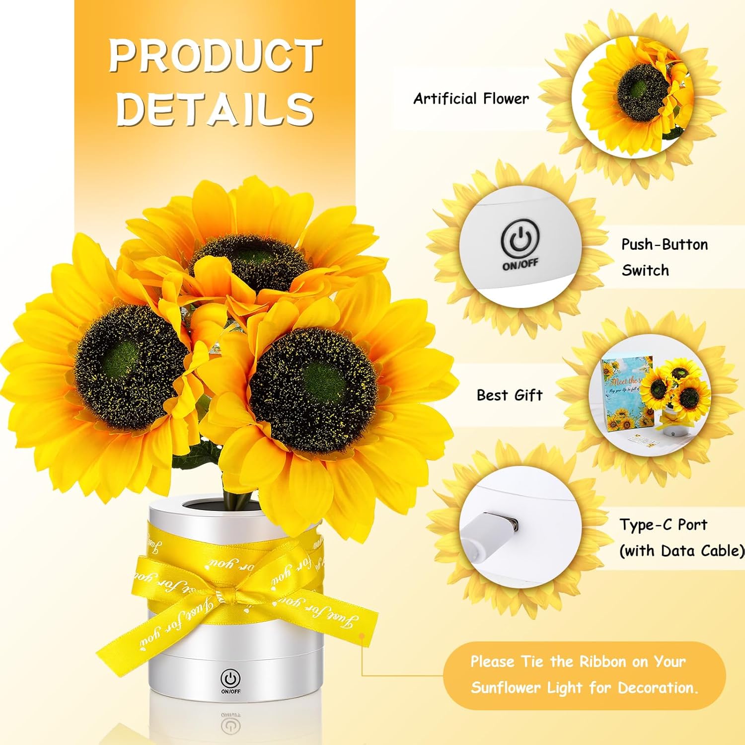 2 Sets Sunflower LED Lamp USB Rechargeable Touch Night Light, Sunflower Gifts for Women 3 Color Dimmable with Cards, Ribbons Gift Boxes Battery Flower Decor for Bedroom Birthday Mother's Day Mom Gifts