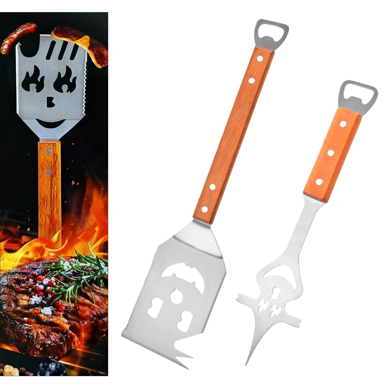 BBQ Spatula Set, 2 Multifunctional Barbecue Tools, BBQ Utensils Stainless Stee l Barbeque Accessories for Grilling Picnics and Camping, BBQ Gifts for Men