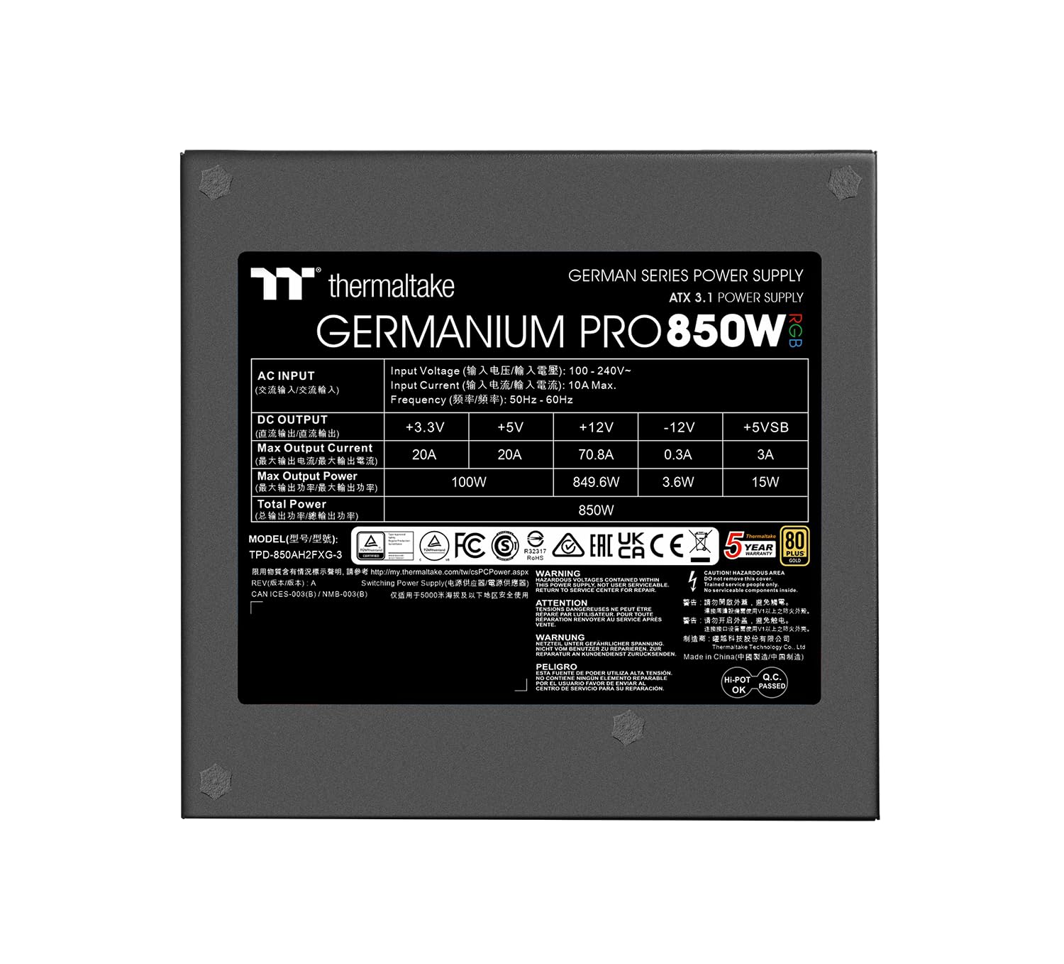 Thermaltake Germanium Pro 850W Netzteil | RGB | ATX 3.1 | Gen 5.1 12V-2x6 | Ultra-Quiet Smart Zero Lüfter | 80Plus Gold | Modular | 5 Jahre Garantie